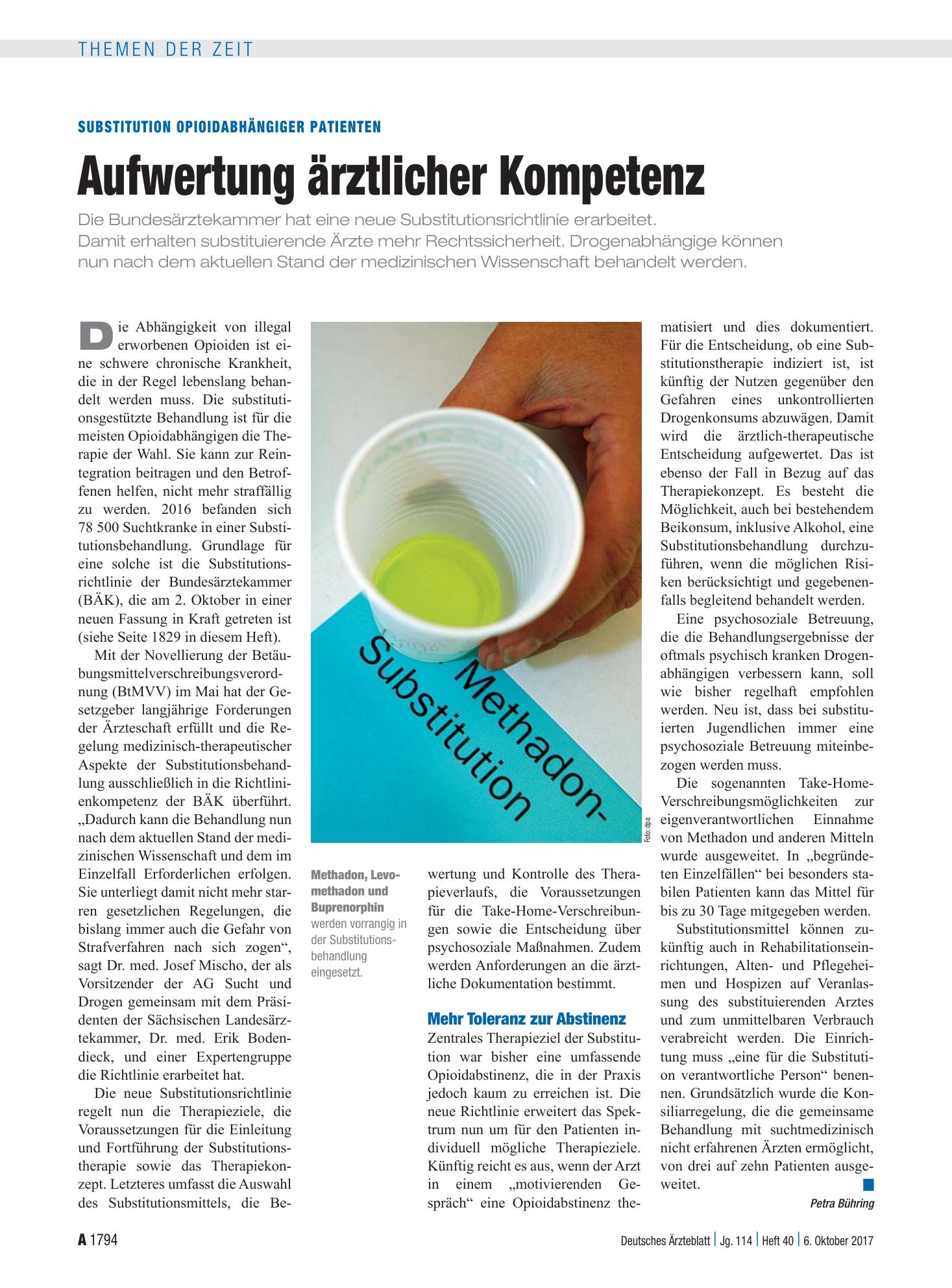 Vorschauseite 1: Substitution opioidabhängiger Patienten: Aufwertung ärztlicher Kompetenz – Deutsches Ärzteblatt