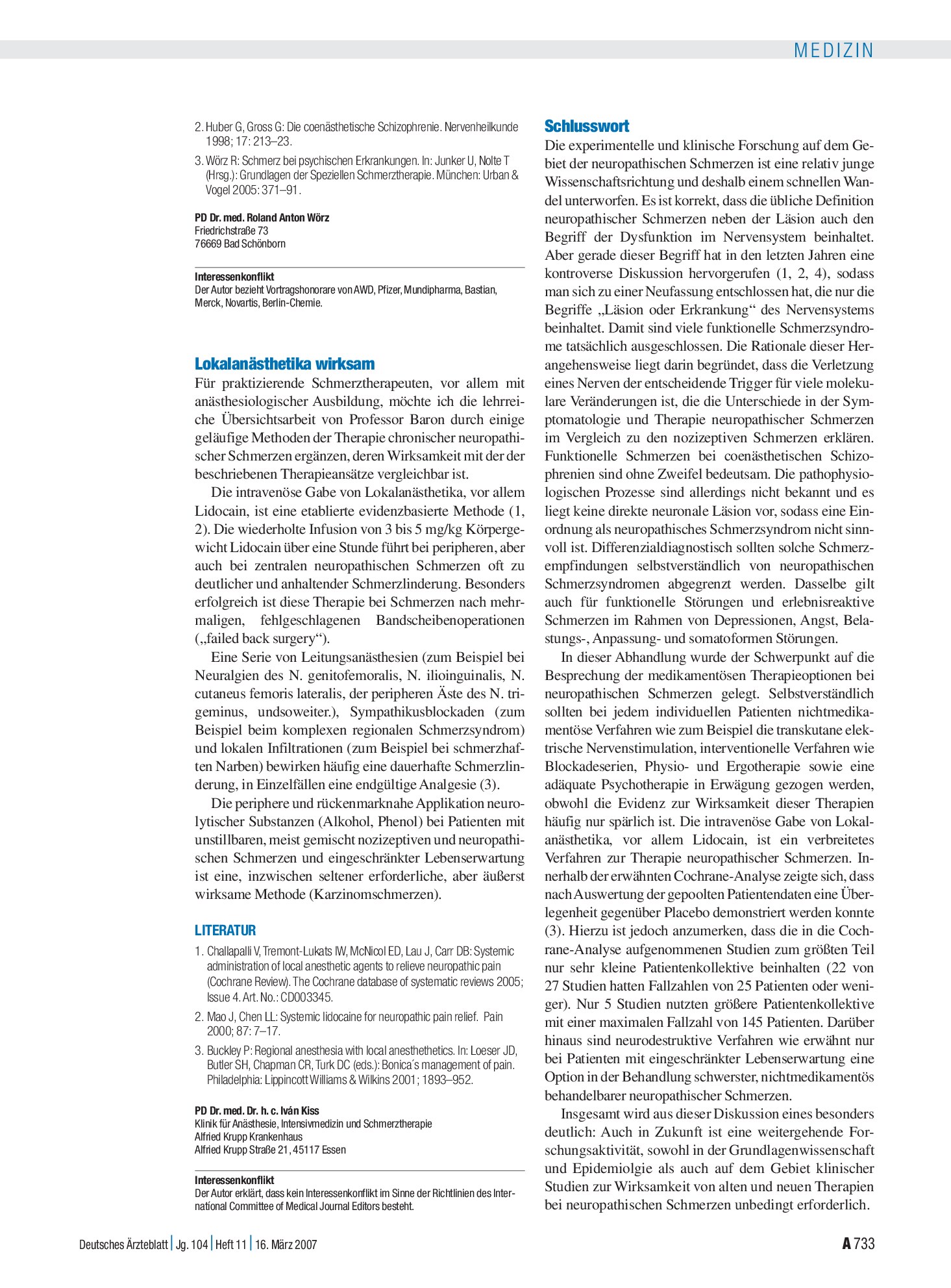 Vorschauseite 1: Diagnostik und Therapie neuropathischer Schmerzen: Schlusswort – Deutsches Ärzteblatt