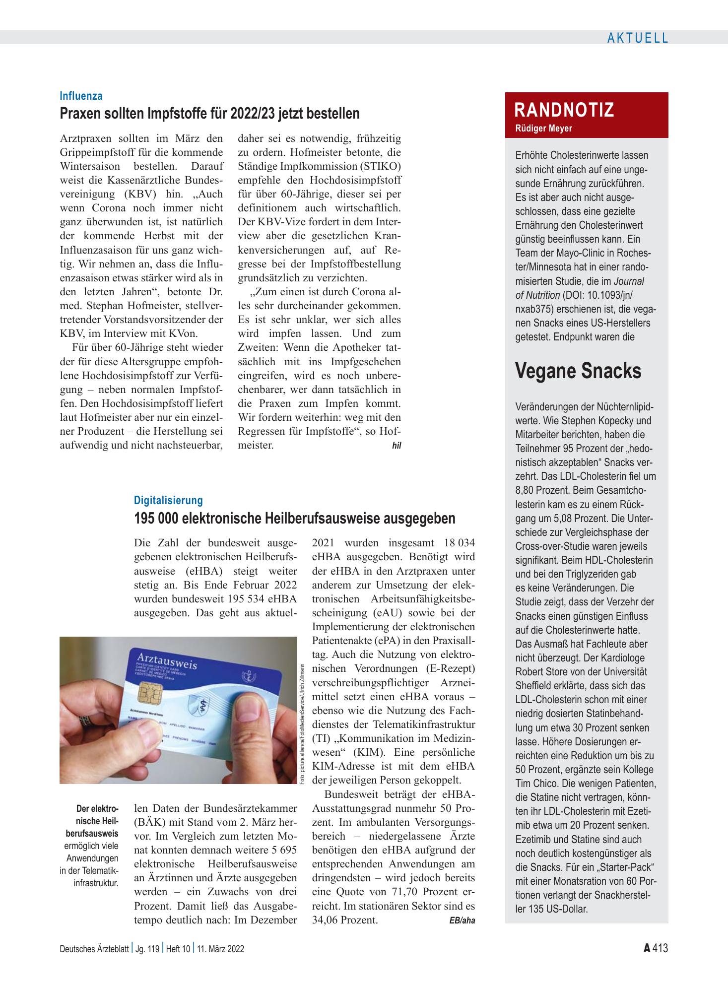 Vorschauseite 1: Randnotiz: Vegane Snacks – Deutsches Ärzteblatt