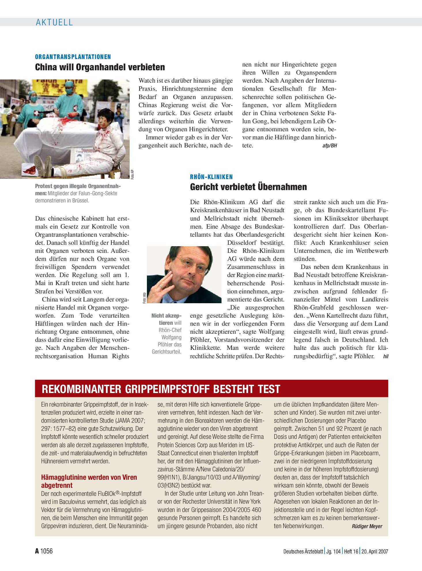 Vorschauseite 1: Rekombinanter Grippeimpfstoff besteht Test – Deutsches Ärzteblatt