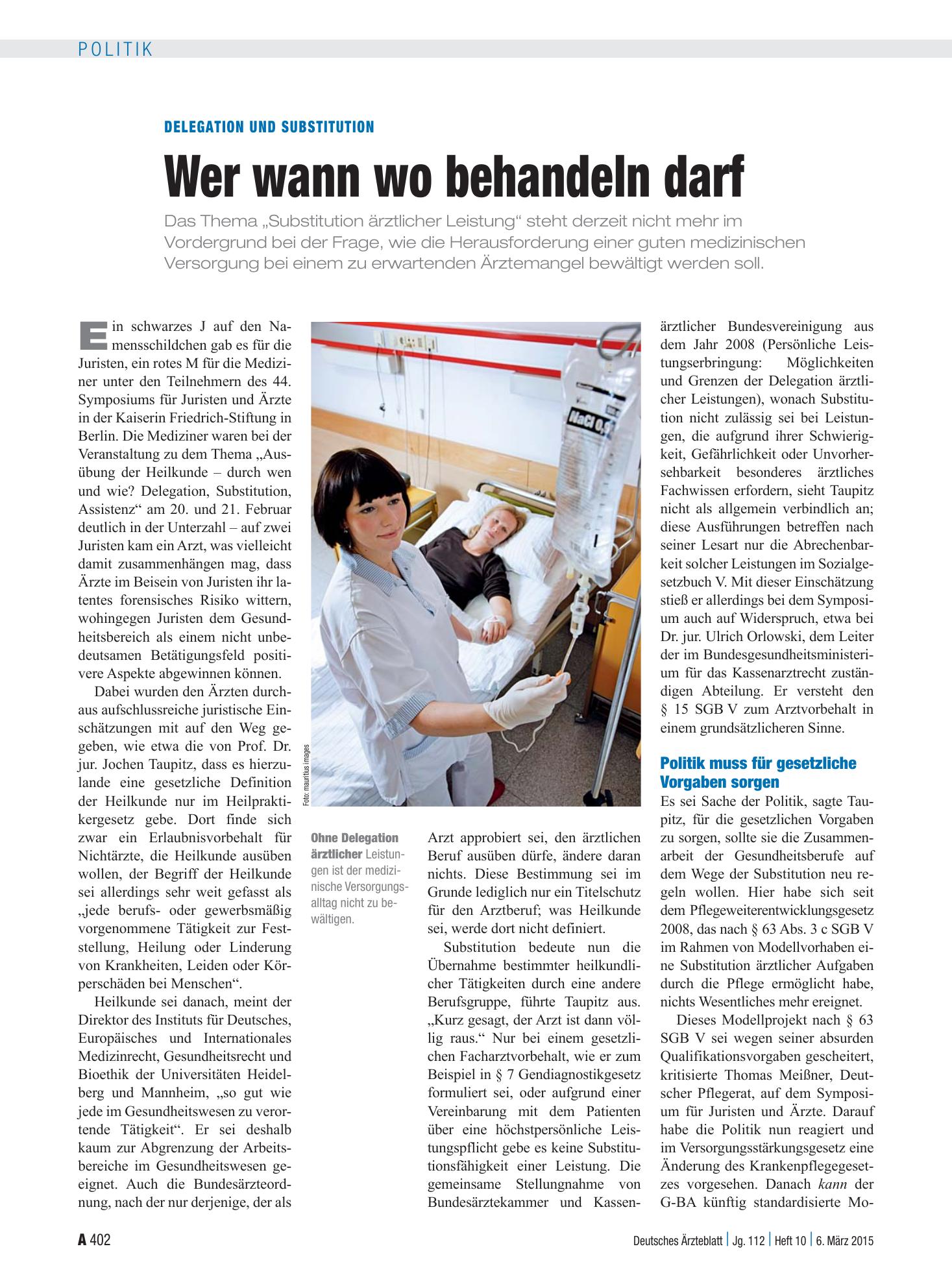 Vorschauseite 1: Delegation und Substitution: Wer wann wo behandeln darf – Deutsches Ärzteblatt