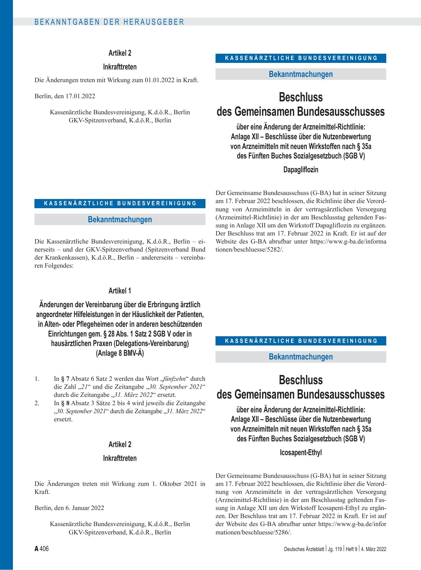 Vorschauseite 1: Beschluss des Gemeinsamen Bundesausschusses über eine Änderung der Arzneimittel-Richtlinie: Icosapent-Ethyl – Deutsches Ärzteblatt
