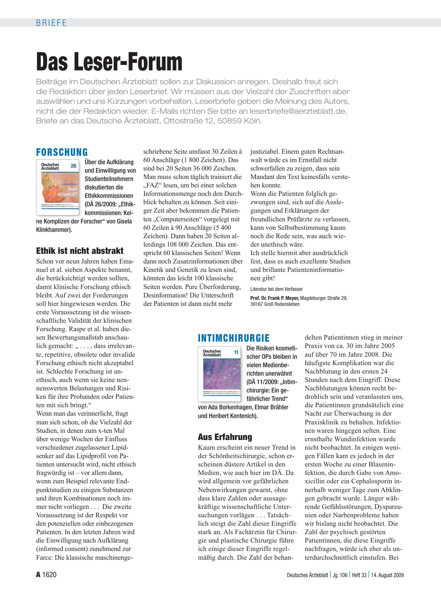 Vorschauseite 1: Forschung: Ethik ist nicht abstrakt – Deutsches Ärzteblatt