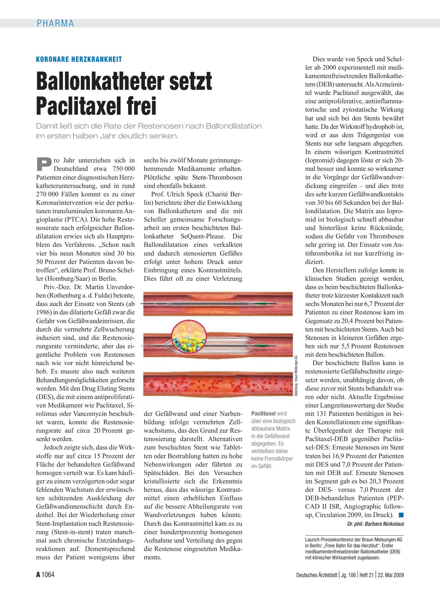 Vorschauseite 1: Koronare Herzkrankheit: Ballonkatheter setzt Paclitaxel frei – Deutsches Ärzteblatt