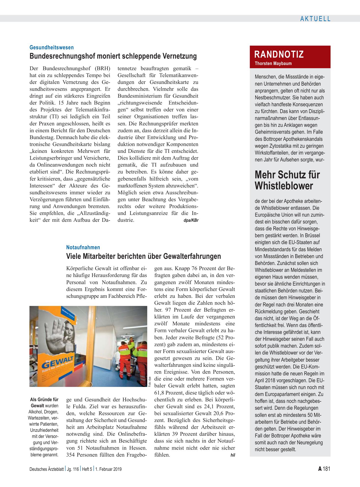 Vorschauseite 1: Notaufnahmen: Viele Mitarbeiter berichten über Gewalterfahrungen – Deutsches Ärzteblatt