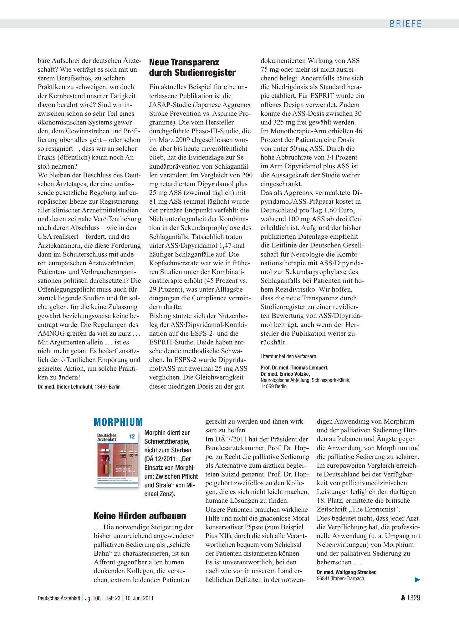 Vorschauseite 1: Morphium: Keine Hürden aufbauen – Deutsches Ärzteblatt