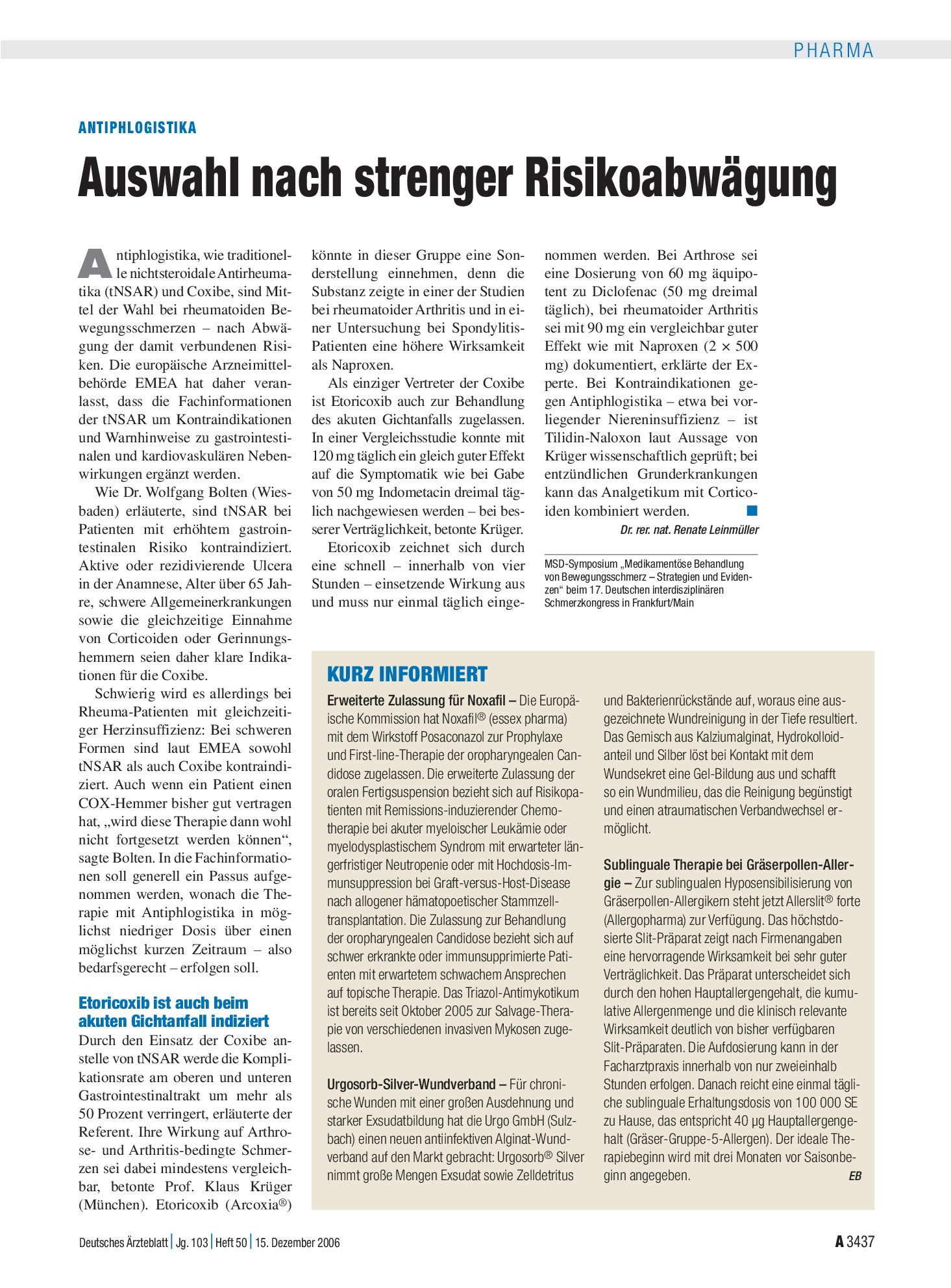 Vorschauseite 1: Antiphlogistika: Auswahl nach strenger Risikoabwägung – Deutsches Ärzteblatt
