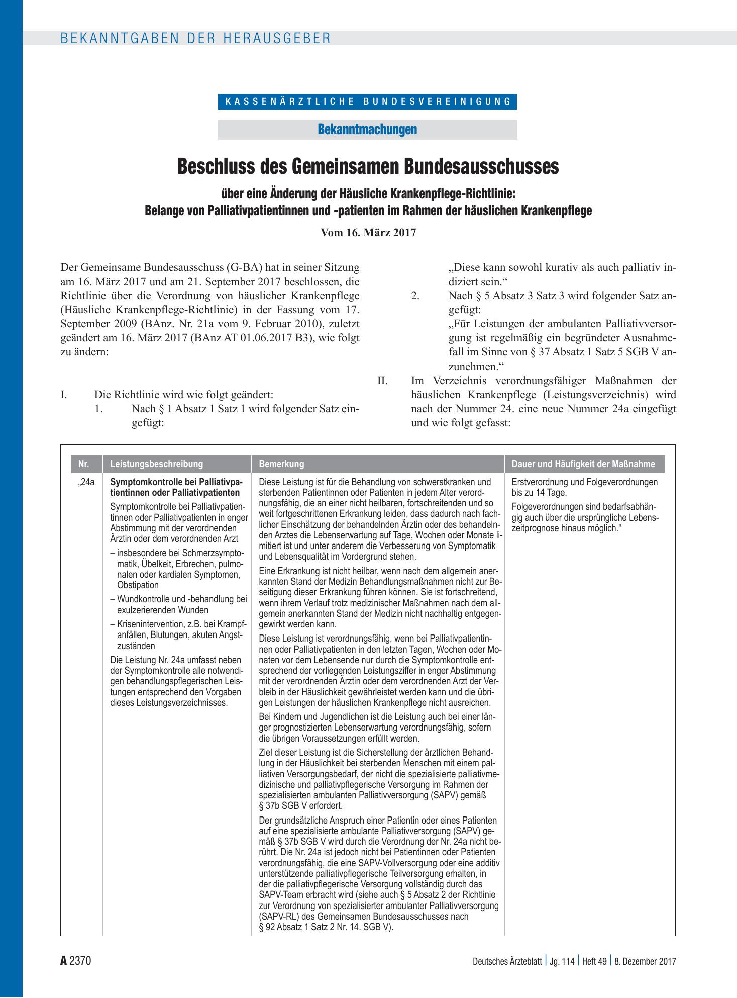 Vorschauseite 1: Beschluss des Gemeinsamen Bundesausschusses über eine Änderung der Häusliche Krankenpflege-Richtlinie: Belange von Palliativpatientinnen und -patienten im Rahmen der häuslichen Kr…