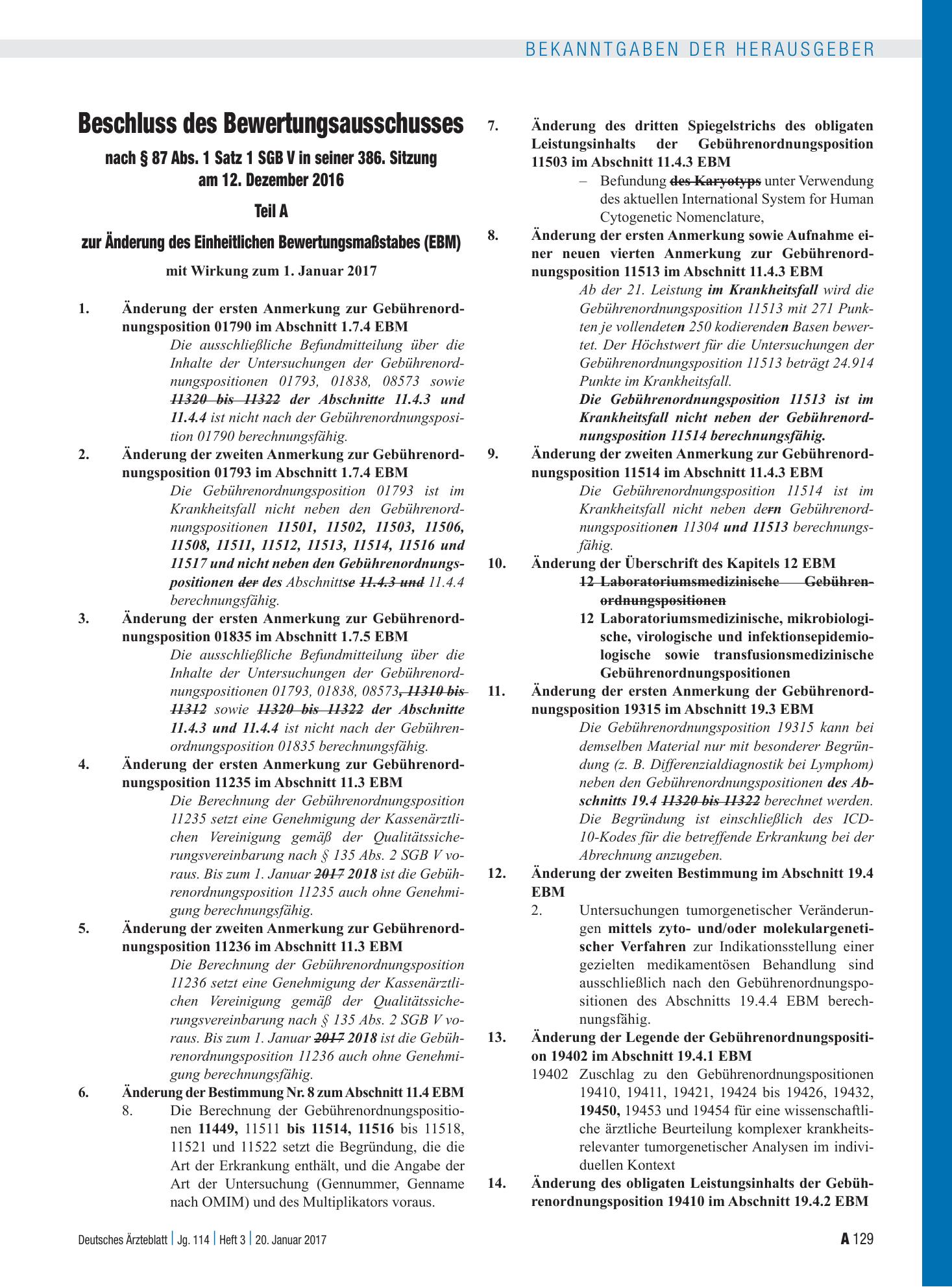 Vorschauseite 1: Beschluss des Bewertungsausschusses nach § 87 Abs. 1 Satz 1 SGB V in seiner 386. Sitzung am 12. Dezember 2016 – Deutsches Ärzteblatt