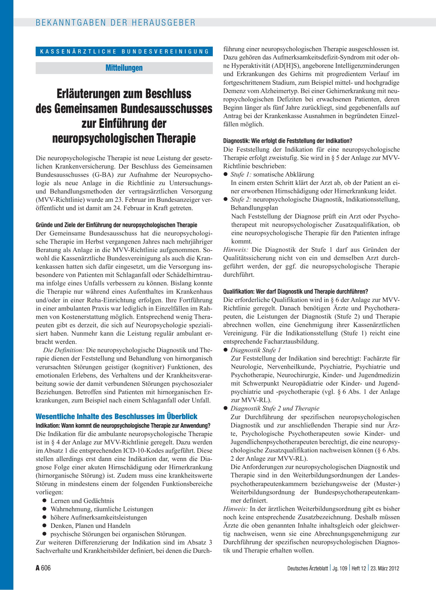 Vorschauseite 1: Erläuterungen zum Beschluss des Gemeinsamen Bundesausschusses zur Einführung der neuropsychologischen Therapie – Deutsches Ärzteblatt