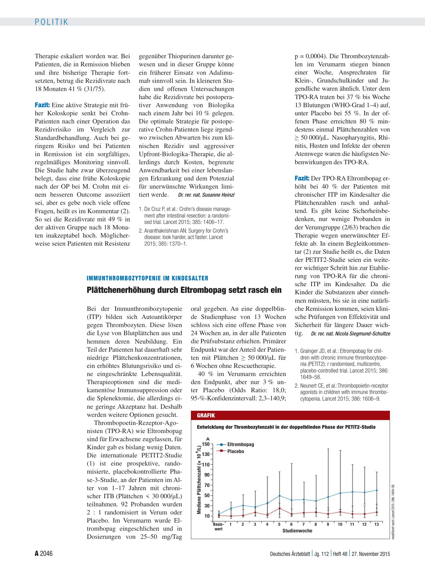 Vorschauseite 1: Immunthrombozytopenie im Kindesalter: Plättchenerhöhung durch Eltrombopag setzt rasch ein – Deutsches Ärzteblatt