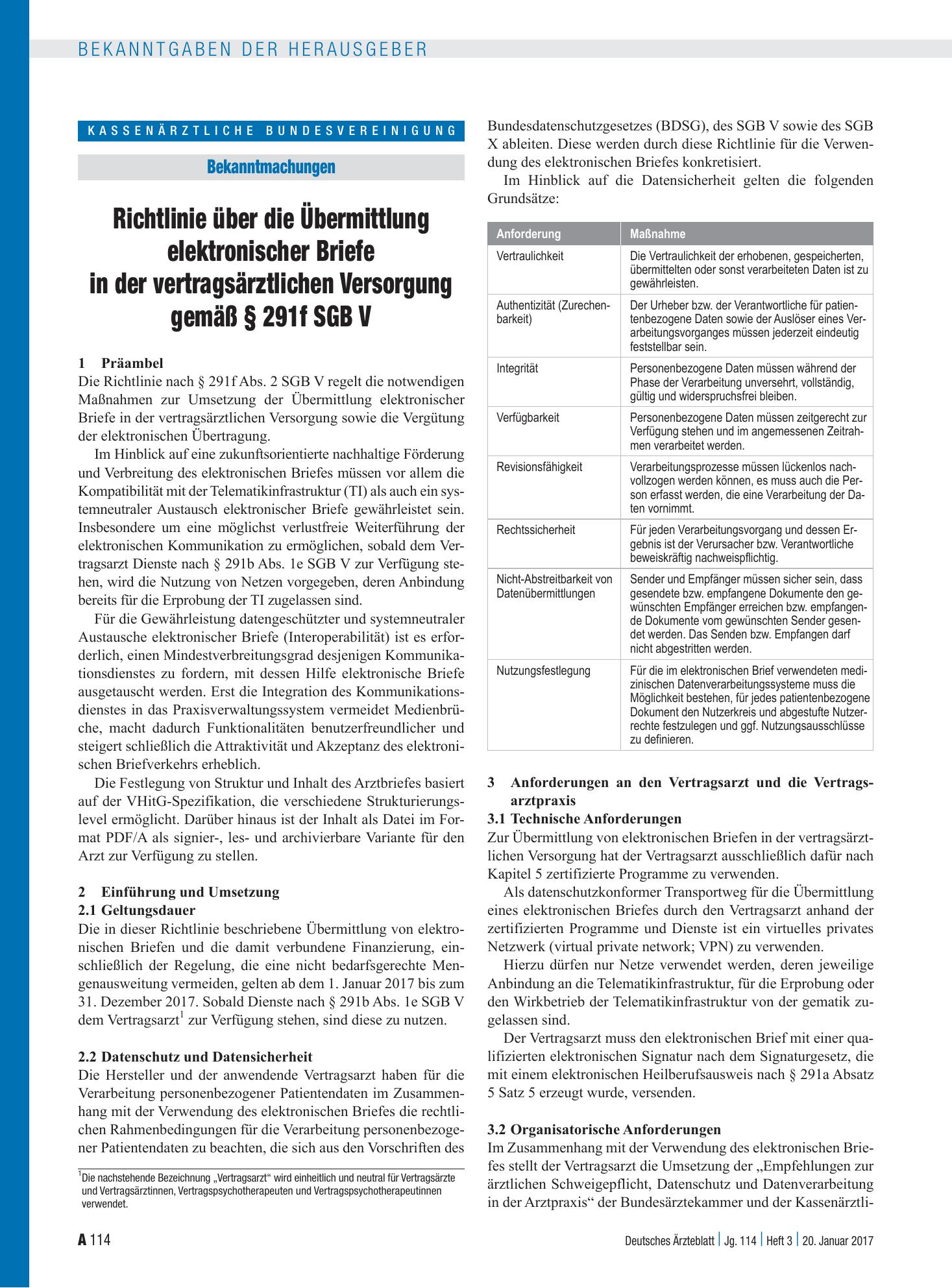 Vorschauseite 1: Richtlinie über die Übermittlung elektronischer Briefe in der vertragsärztlichen Versorgung gemäß § 291f SGB V – Deutsches Ärzteblatt