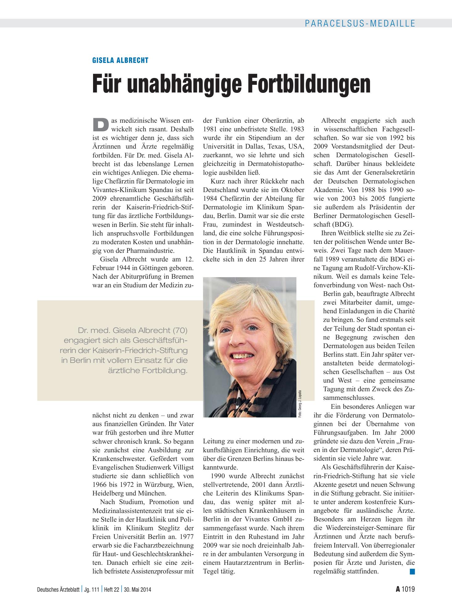Vorschauseite 1: Gisela Albrecht: Für unabhängige Fortbildungen – Deutsches Ärzteblatt