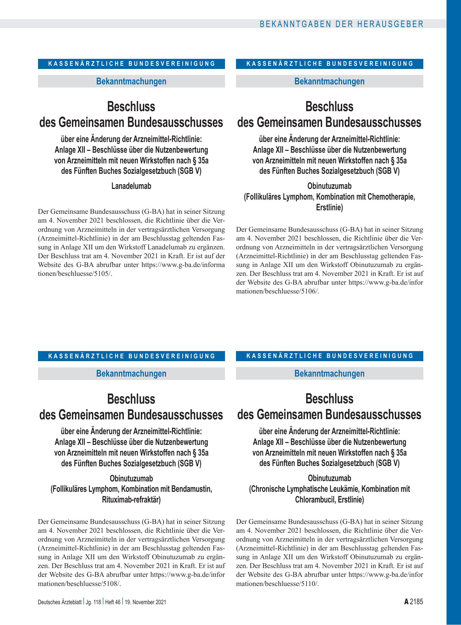 Vorschauseite 1: Beschlüsse über die Nutzenbewertung von Arzneimitteln mit neuen Wirkstoffen nach § 35a des Fünften Buches Sozialgesetzbuch: Obinutuzumab (Follikuläres Lymphom, Kombination mit Che…