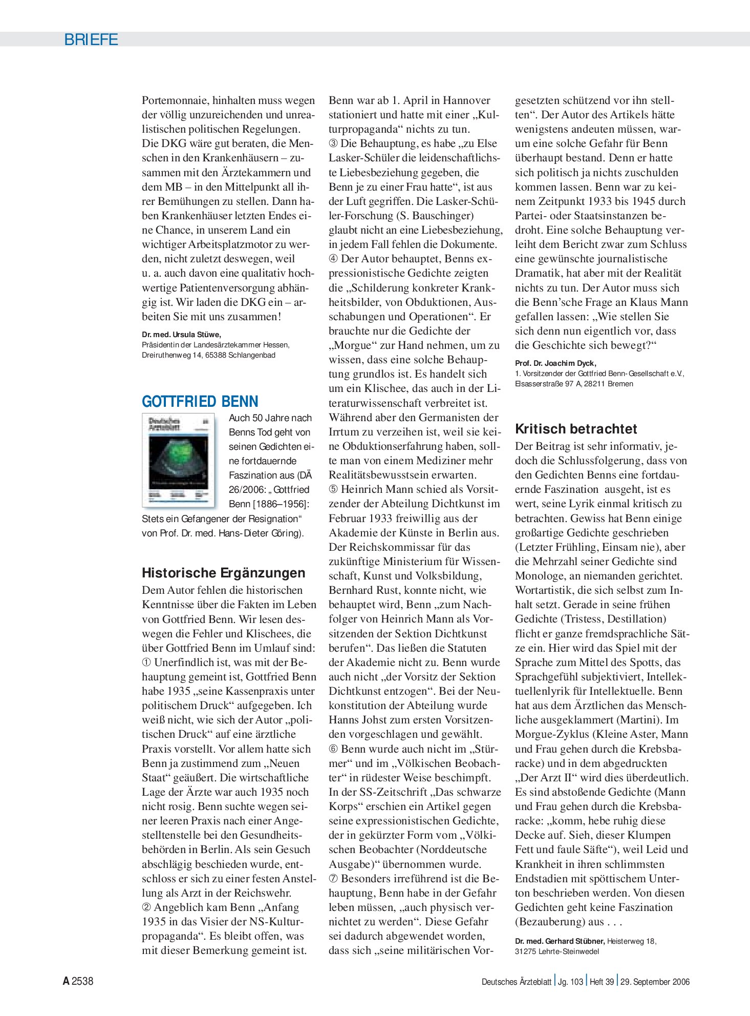 Vorschauseite 1: Gottfried Benn: Kritisch betrachtet – Deutsches Ärzteblatt