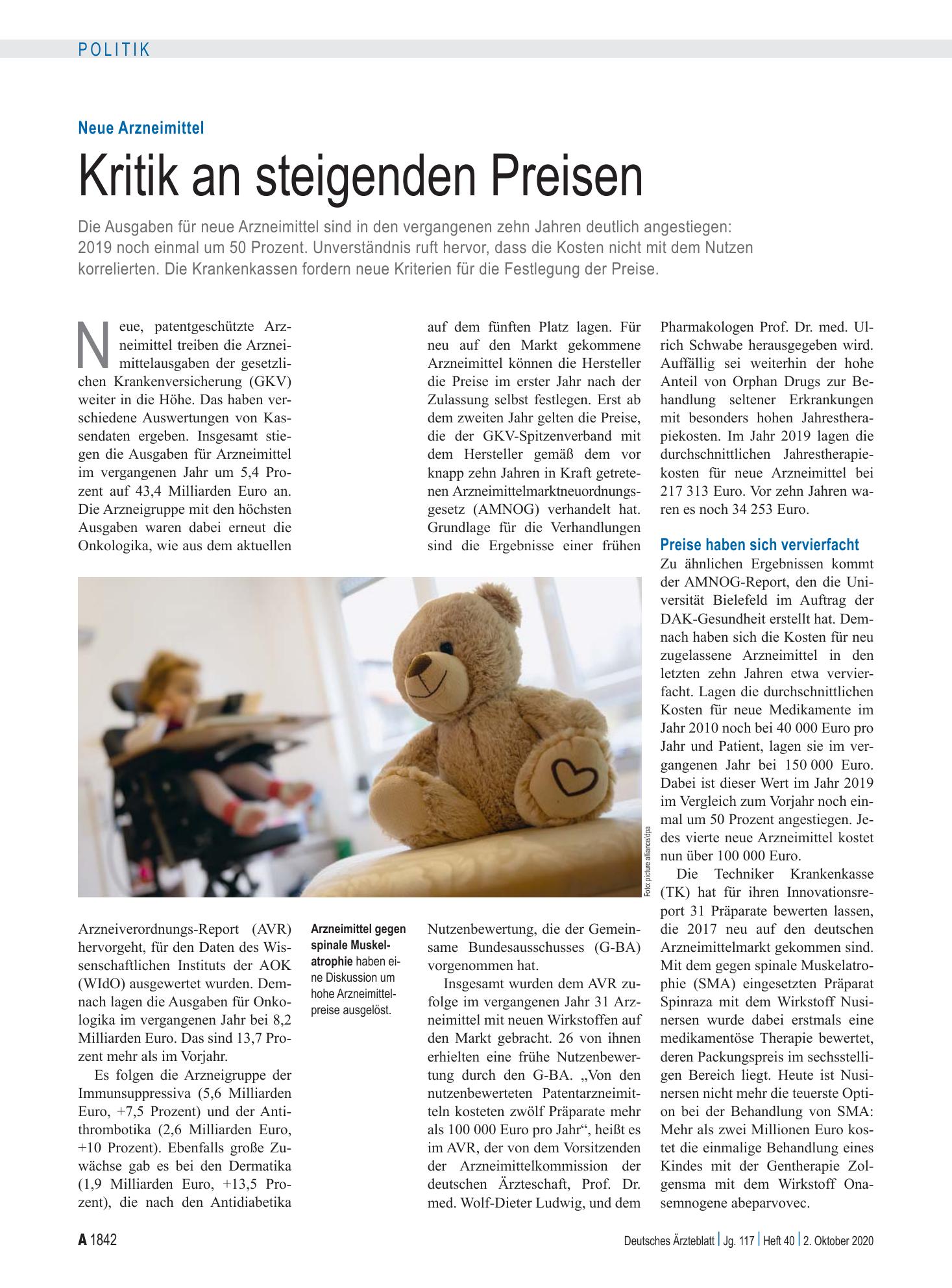 Vorschauseite 1: Neue Arzneimittel: Kritik an steigenden Preisen – Deutsches Ärzteblatt