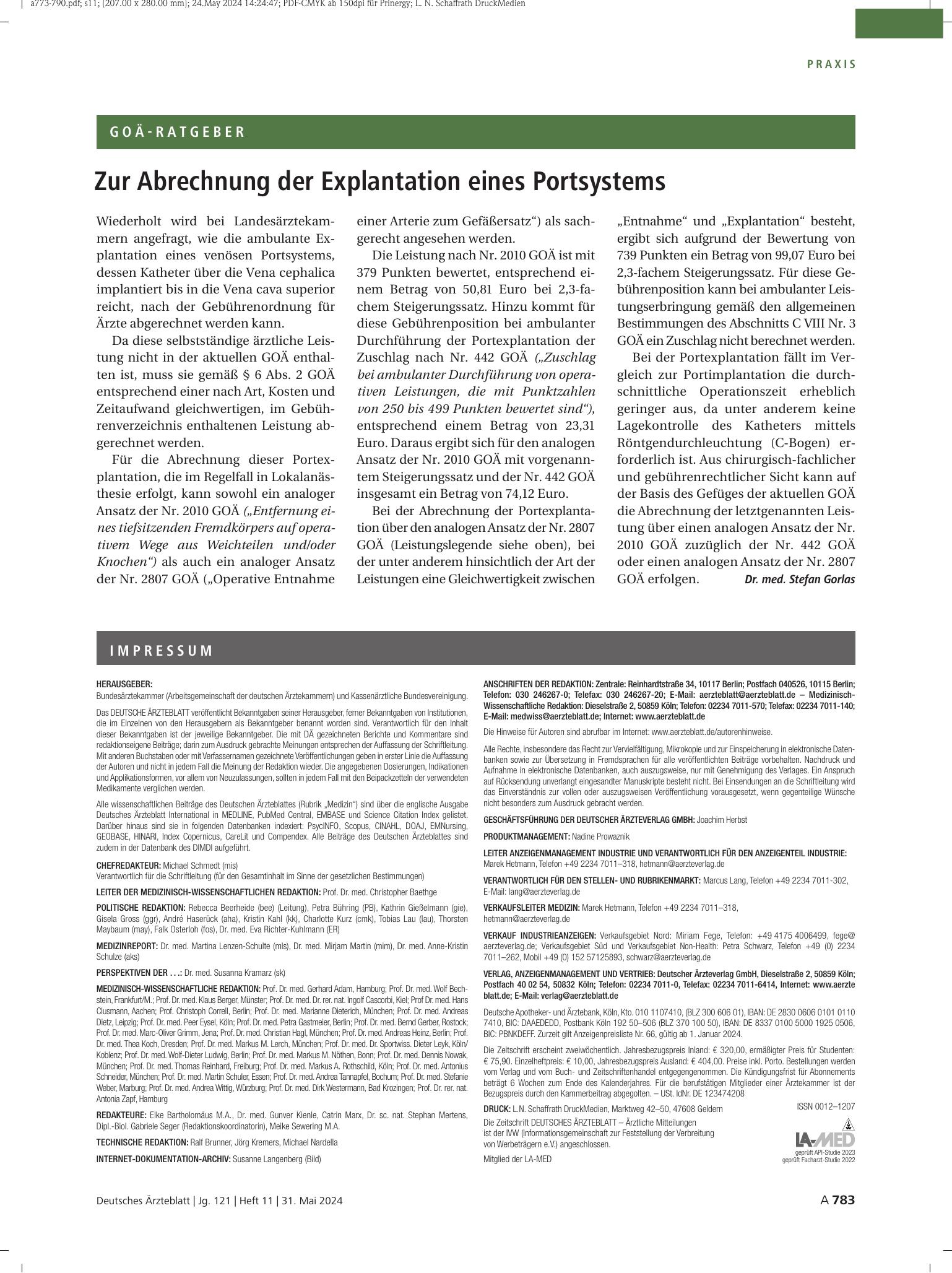 Vorschauseite 1: Zur Abrechnung der Explantation eines Portsystems – Deutsches Ärzteblatt
