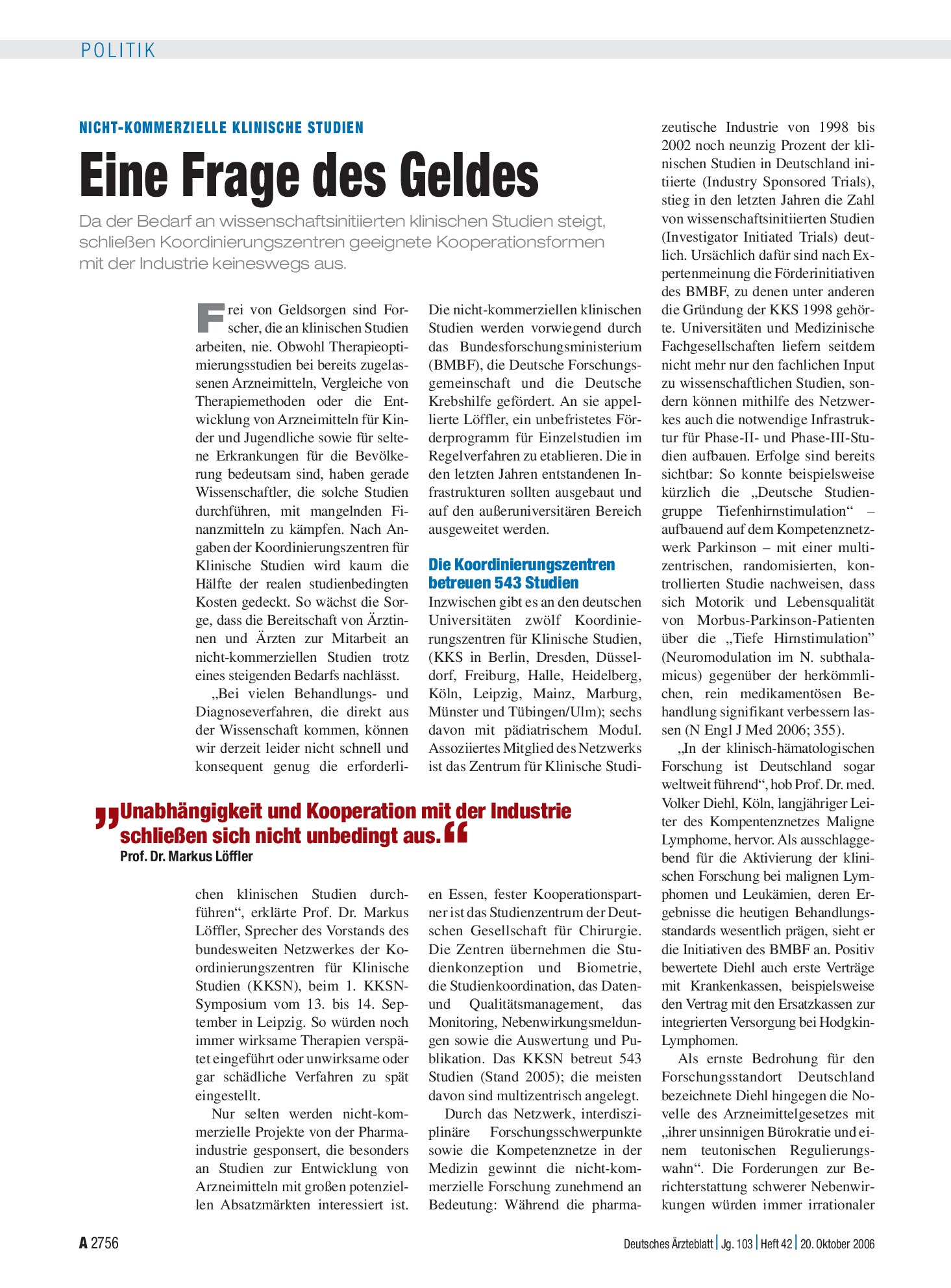 Vorschauseite 1: Nicht-kommerzielle Klinische Studien: Eine Frage des Geldes – Deutsches Ärzteblatt