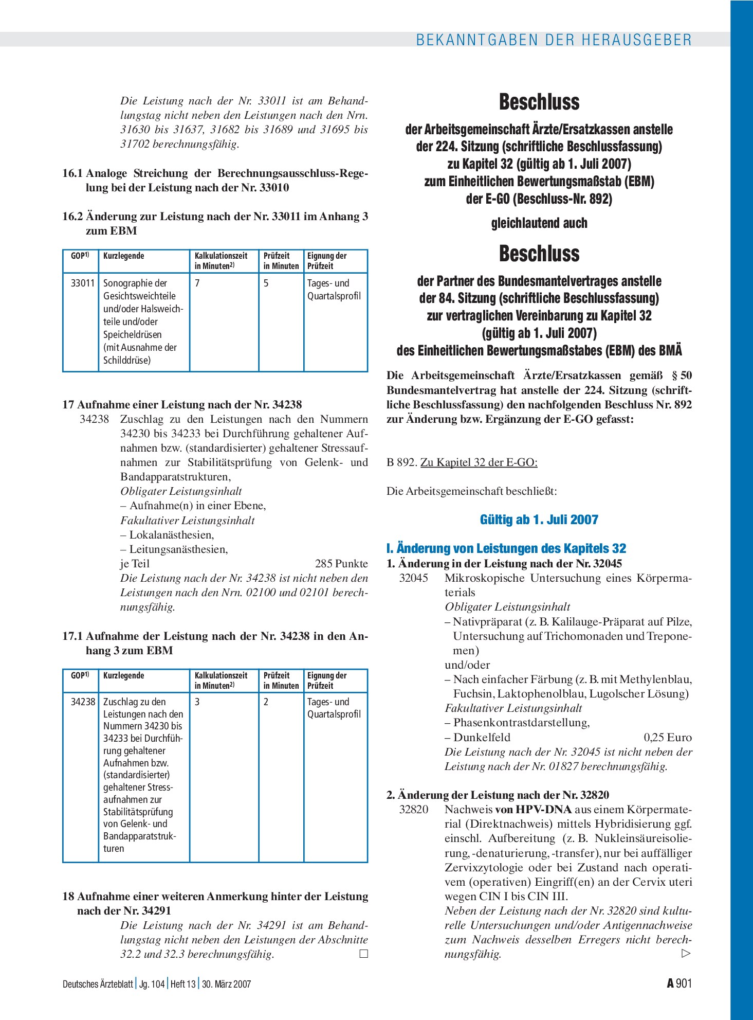 Vorschauseite 1: Beschluss der Arbeitsgemeinschaft Ärzte/Ersatzkassen anstelle der 224. Sitzung (schriftliche Beschlussfassung) zu Kapitel 32 (gültig ab 1. Juli 2007) zum Einheitlichen Bewertungsm…