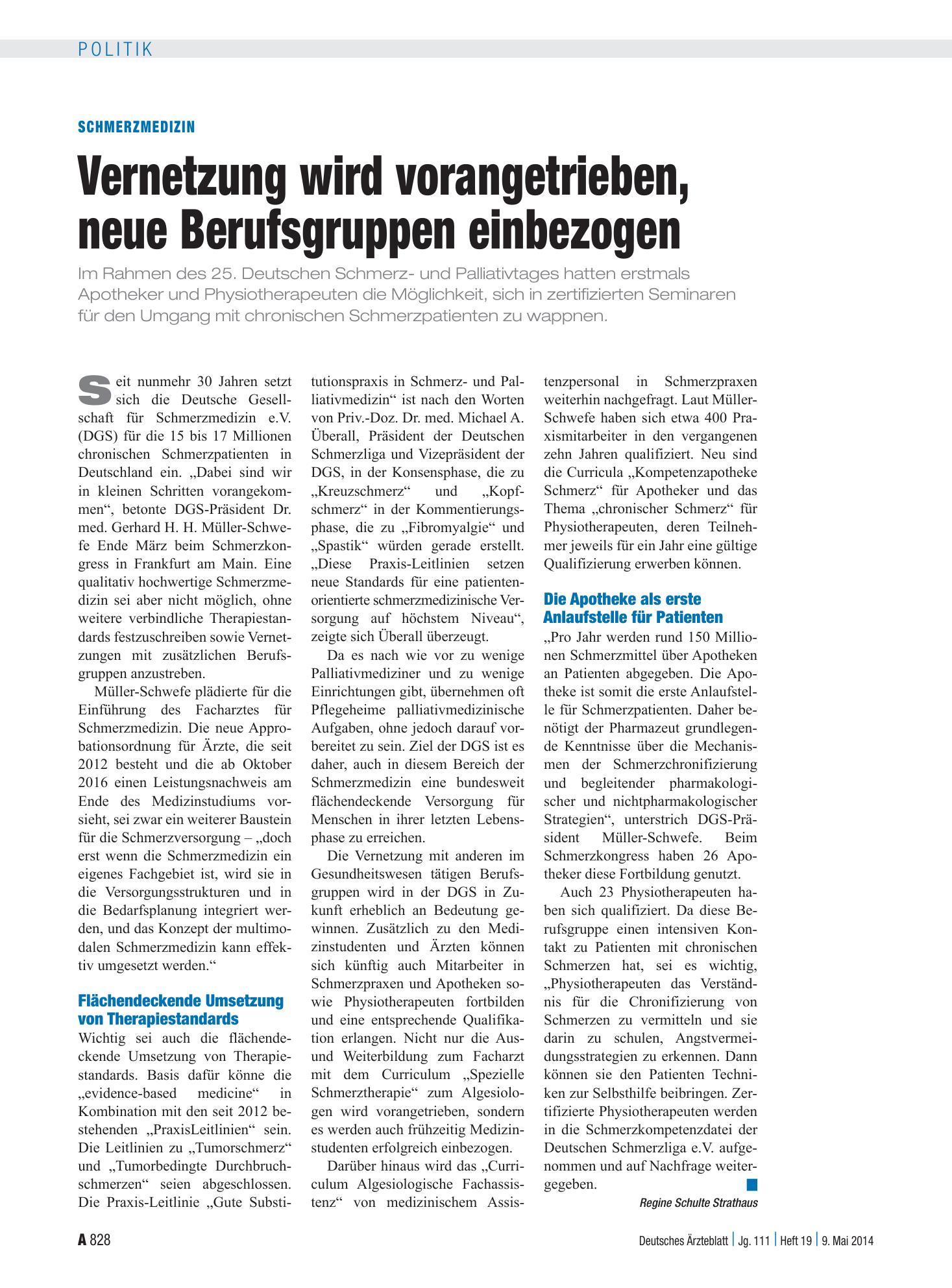 Vorschauseite 1: Schmerzmedizin: Vernetzung wird vorangetrieben, neue Berufsgruppen einbezogen – Deutsches Ärzteblatt