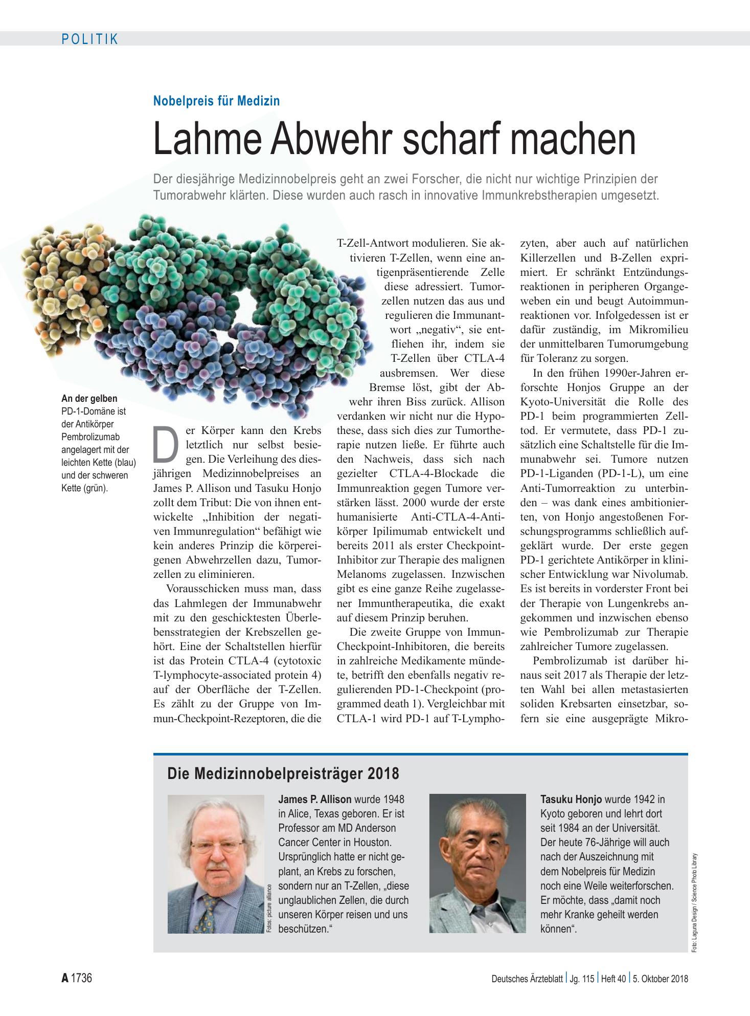 Vorschauseite 1: Nobelpreis für Medizin: Lahme Abwehr scharf machen – Deutsches Ärzteblatt