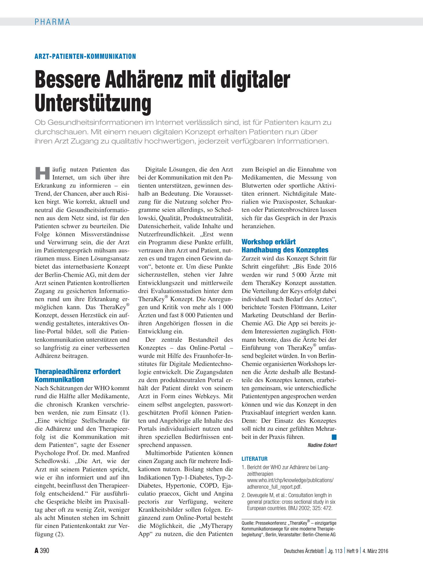 Vorschauseite 1: Arzt-Patienten-Kommunikation: Bessere Adhärenz mit digitaler Unterstützung – Deutsches Ärzteblatt