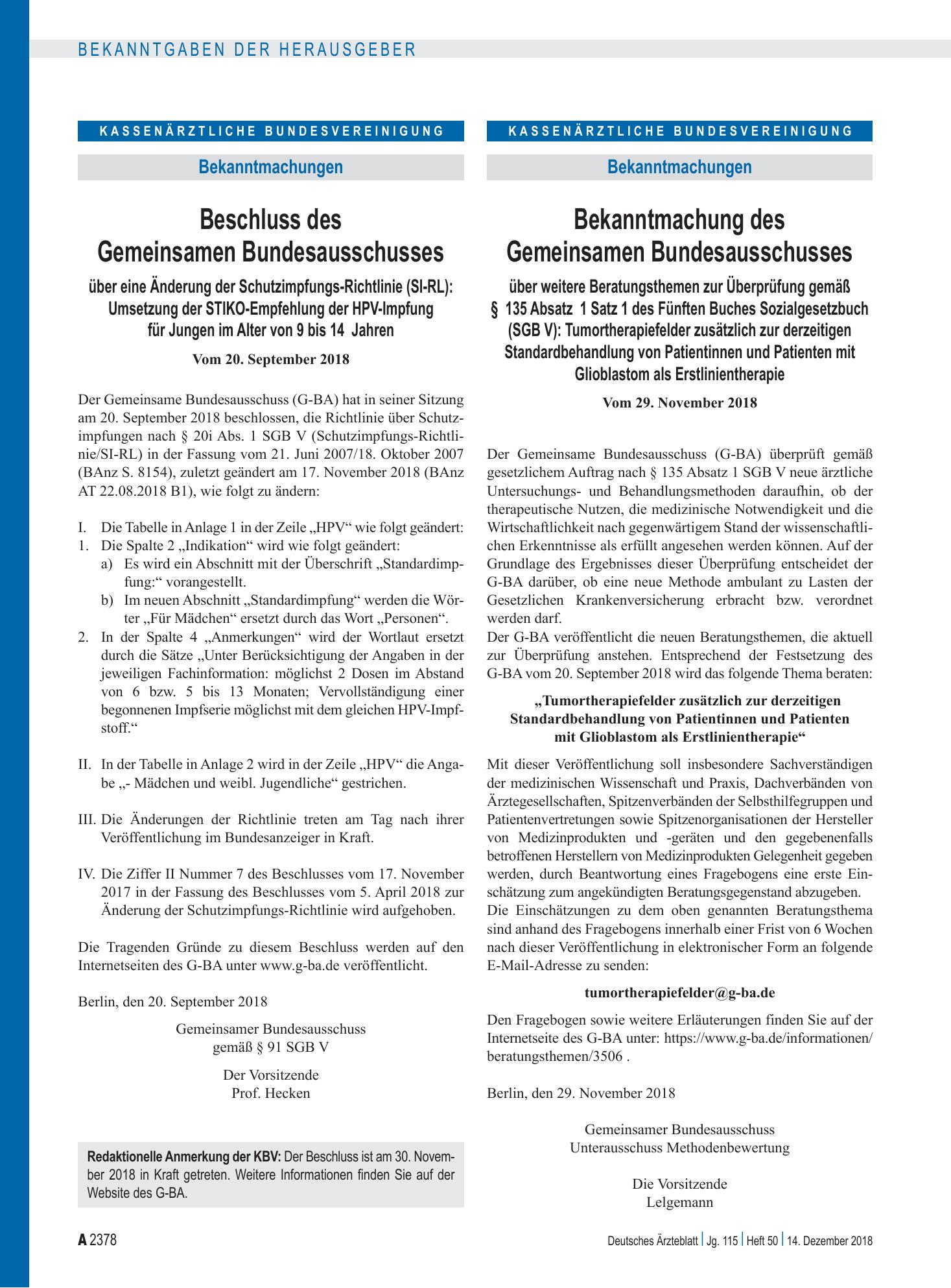 Vorschauseite 1: Beschluss des Gemeinsamen Bundesausschusses über eine Änderung der Schutzimpfungs-Richtlinie (SI-RL): Umsetzung der STIKO-Empfehlung der HPV-Impfung für Jungen im Alter von 9 bis…
