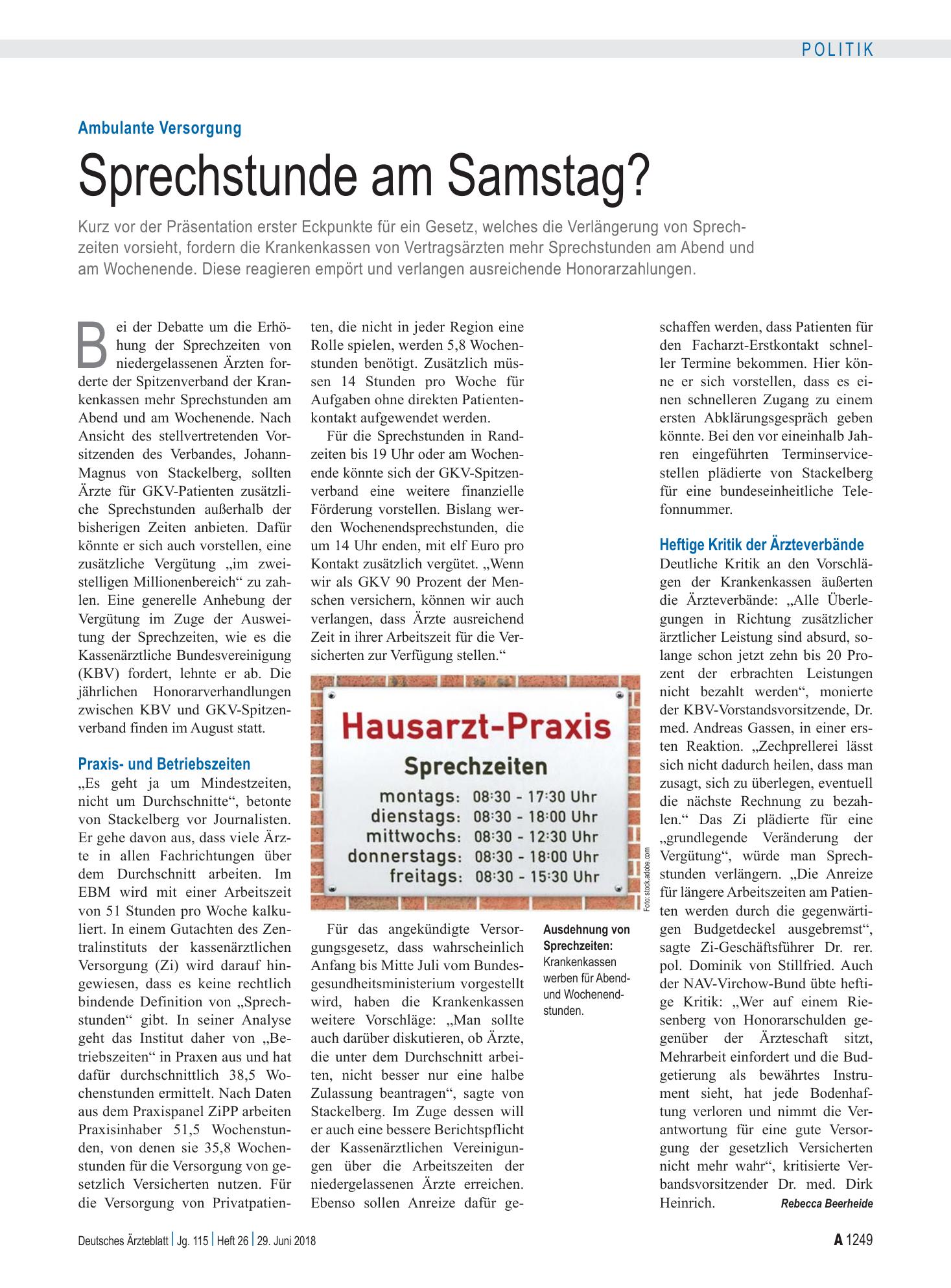 Vorschauseite 1: Ambulante Versorgung: Sprechstunde am Samstag? – Deutsches Ärzteblatt