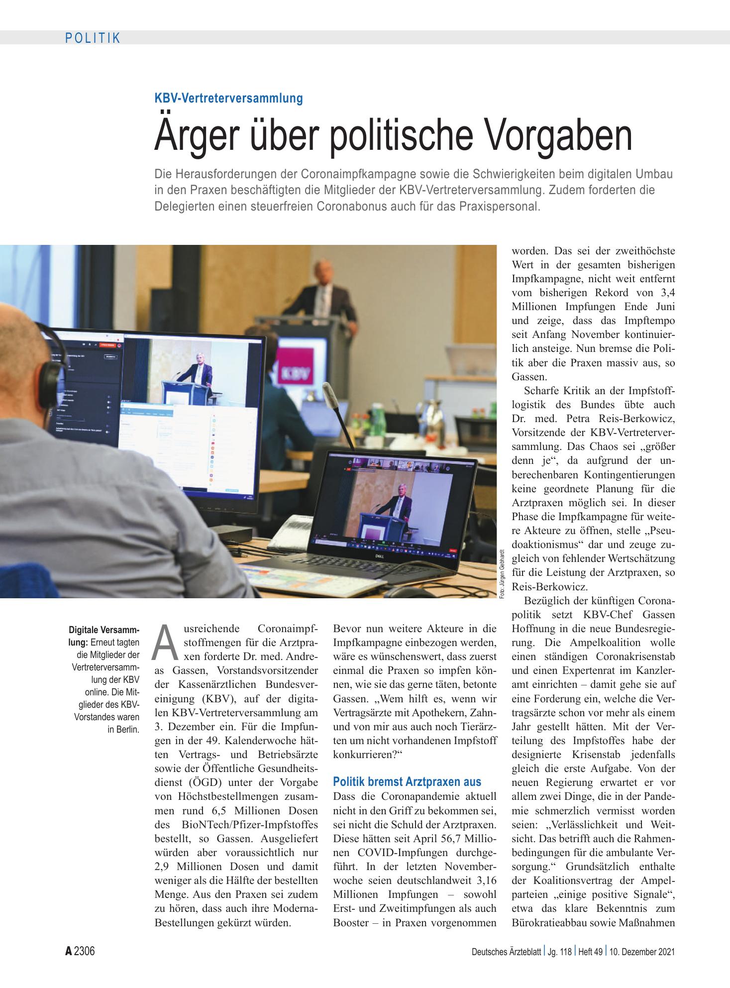 Vorschauseite 1: KBV-Vertreterversammlung: Ärger über politische Vorgaben – Deutsches Ärzteblatt