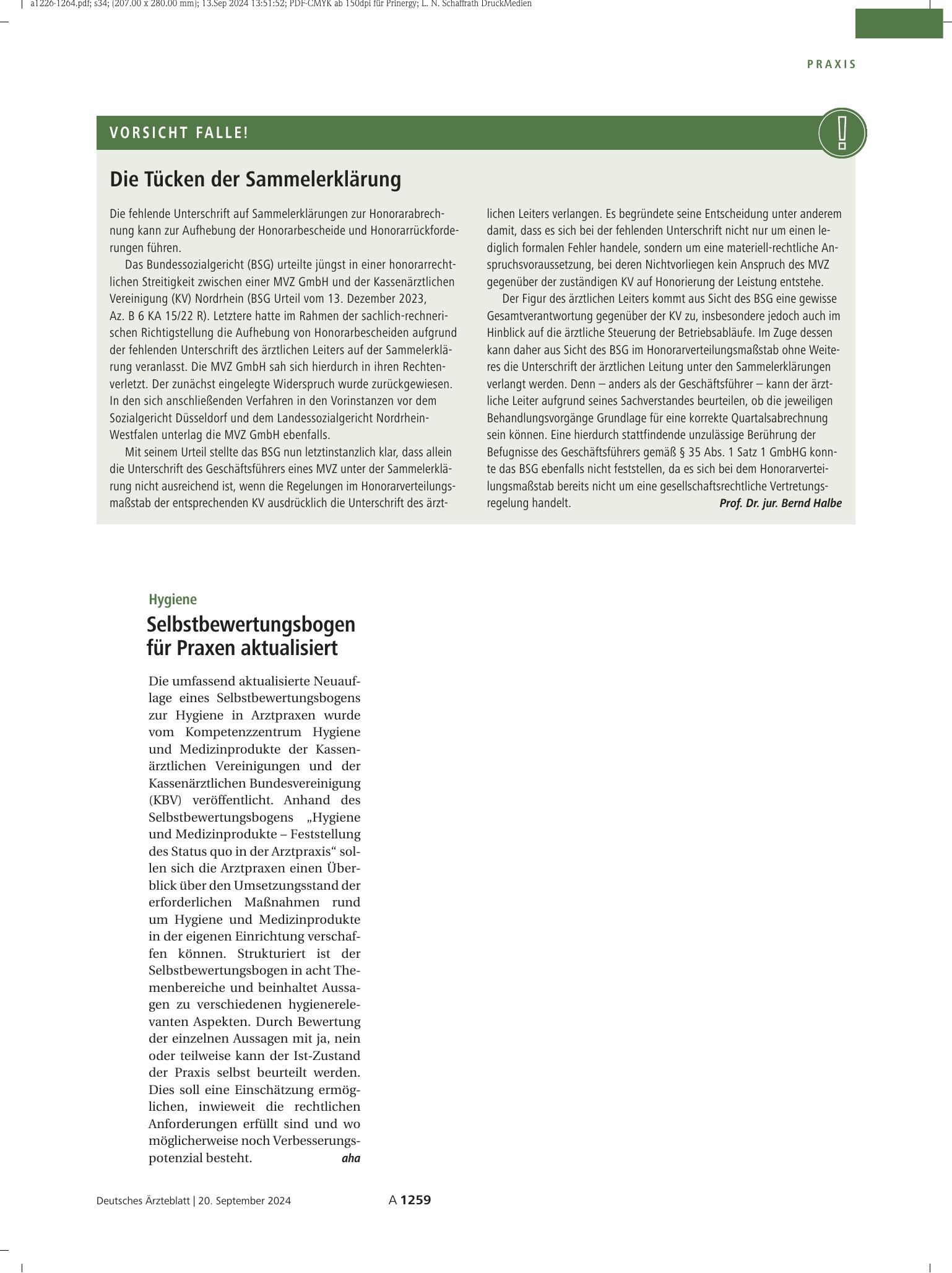 Vorschauseite 1: Hygiene: Selbstbewertungsbogen für Praxen aktualisiert – Deutsches Ärzteblatt