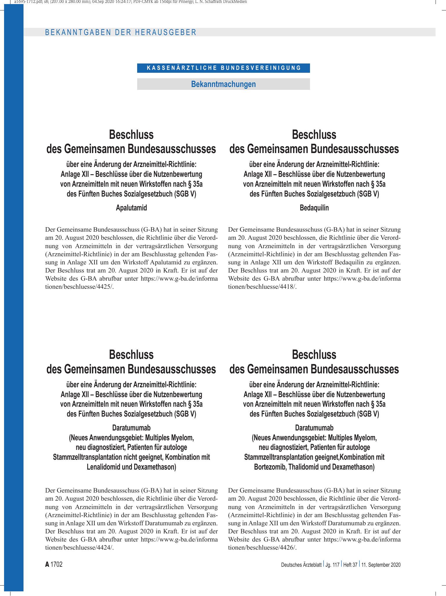 Vorschauseite 1: Beschluss des Gemeinsamen Bundesausschusses über eine Änderung der Arzneimittel-Richtlinie: Anlage XII – Daratumumab (Neues Anwendungsgebiet: Multiples Myelom, neu diagnostiziert,…