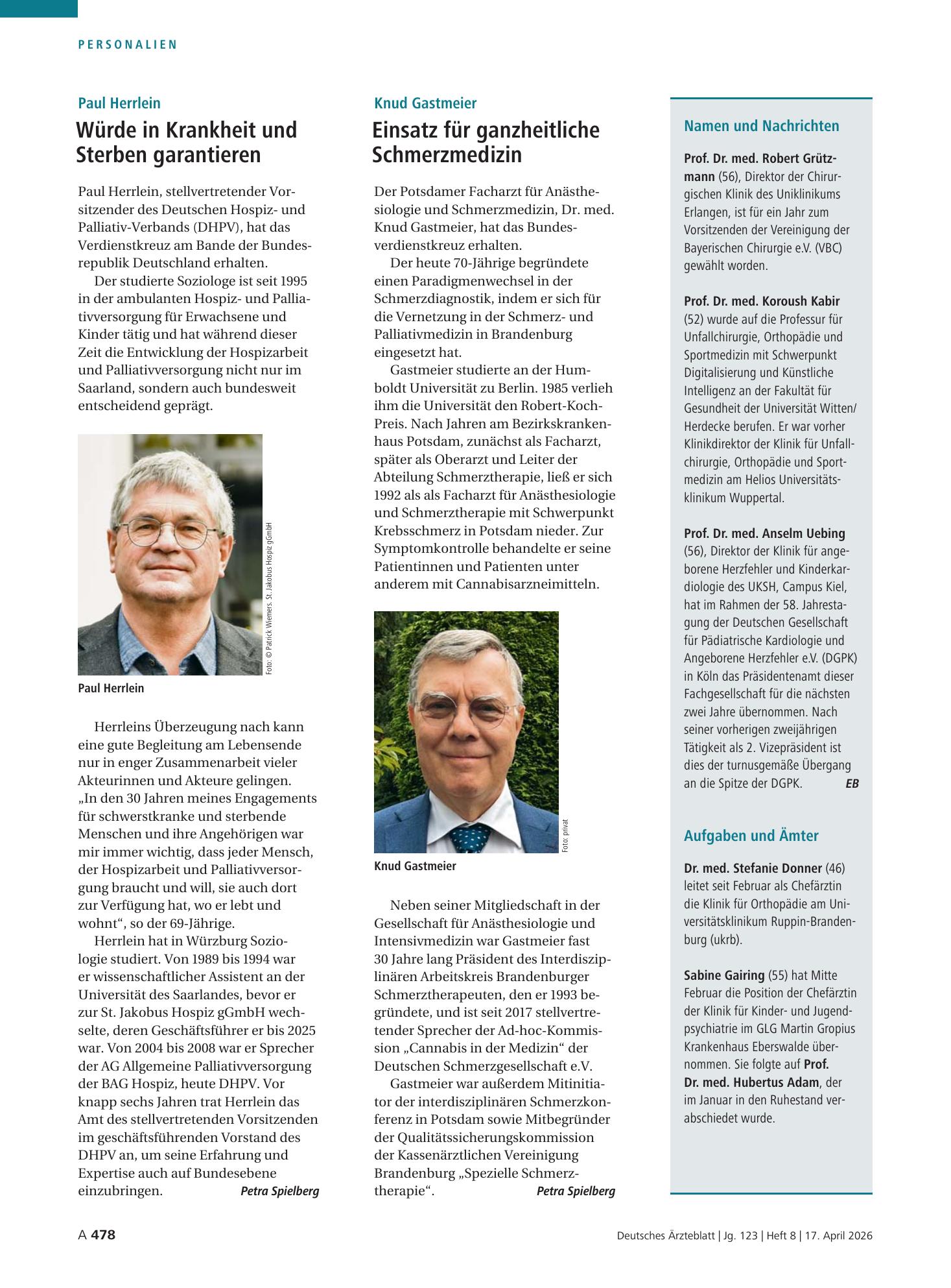 Vorschauseite 1: Namen und Nachrichten / Aufgaben und Ämter – Deutsches Ärzteblatt