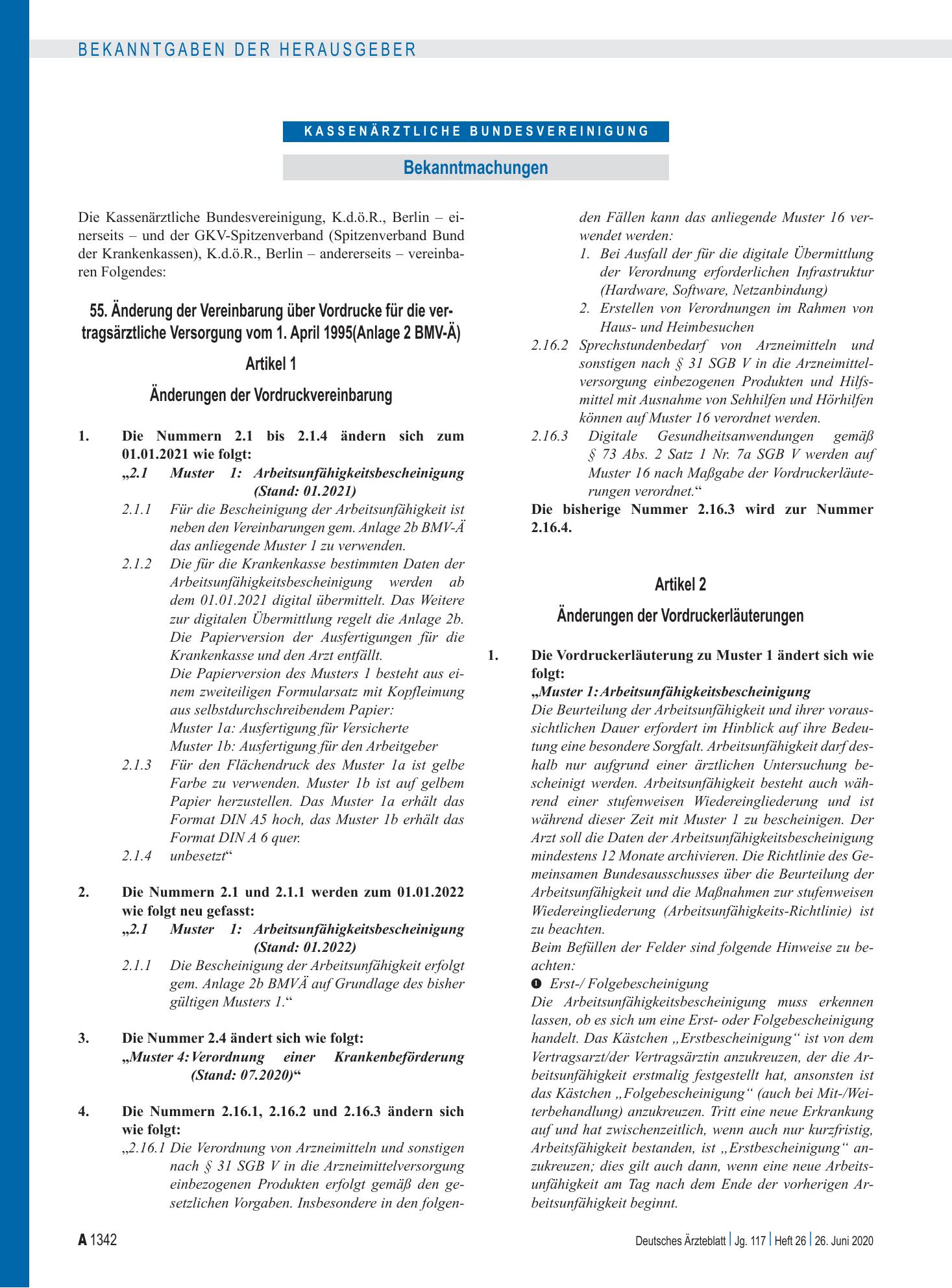Vorschauseite 1: 55. Änderung der Vereinbarung über Vordrucke für die vertragsärztliche Versorgung vom 1. April 1995 (Anlage 2 BMV-Ä) – Deutsches Ärzteblatt