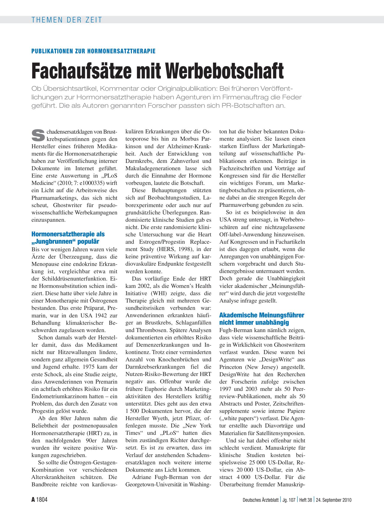 Vorschauseite 1: Publikationen zur Hormonersatztherapie: Fachaufsätze mit Werbebotschaft – Deutsches Ärzteblatt