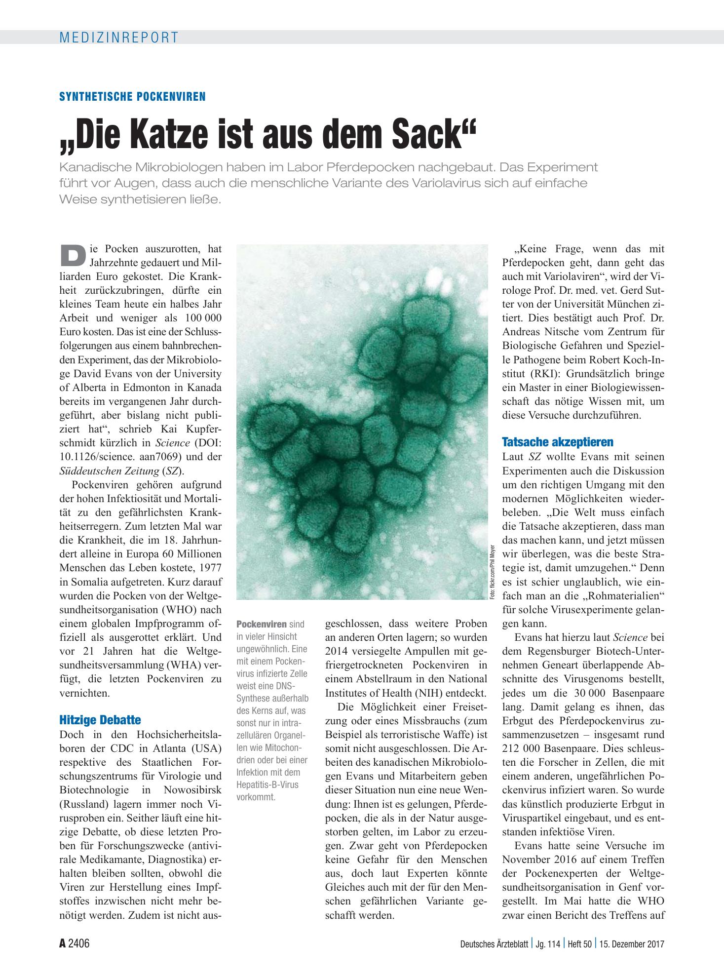 Vorschauseite 1: Synthetische Pockenviren: „Die Katze ist aus dem Sack“ – Deutsches Ärzteblatt