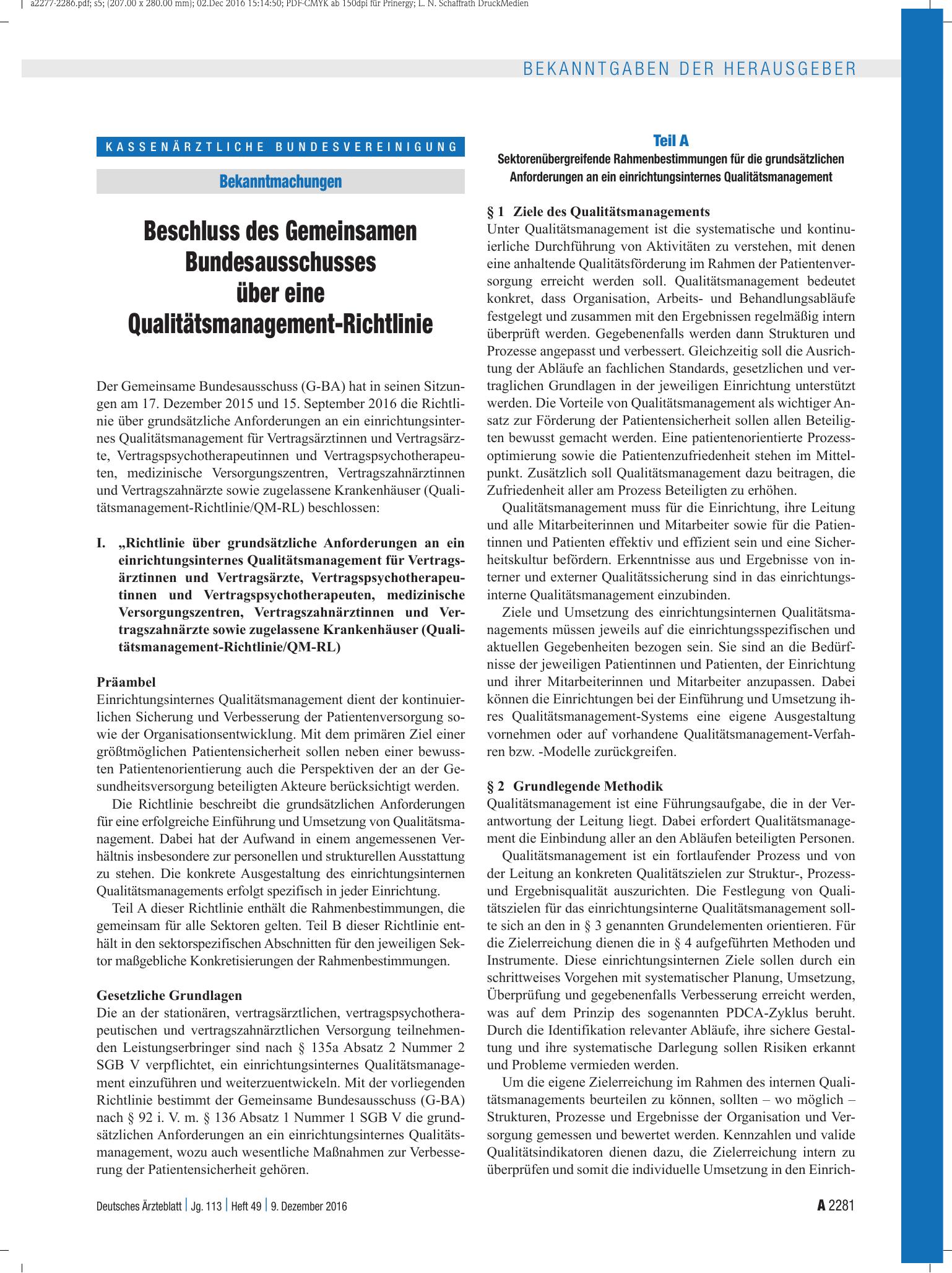 Vorschauseite 1: Beschluss des Gemeinsamen Bundesausschusses über eine Qualitätsmanagement-Richtlinie – Deutsches Ärzteblatt
