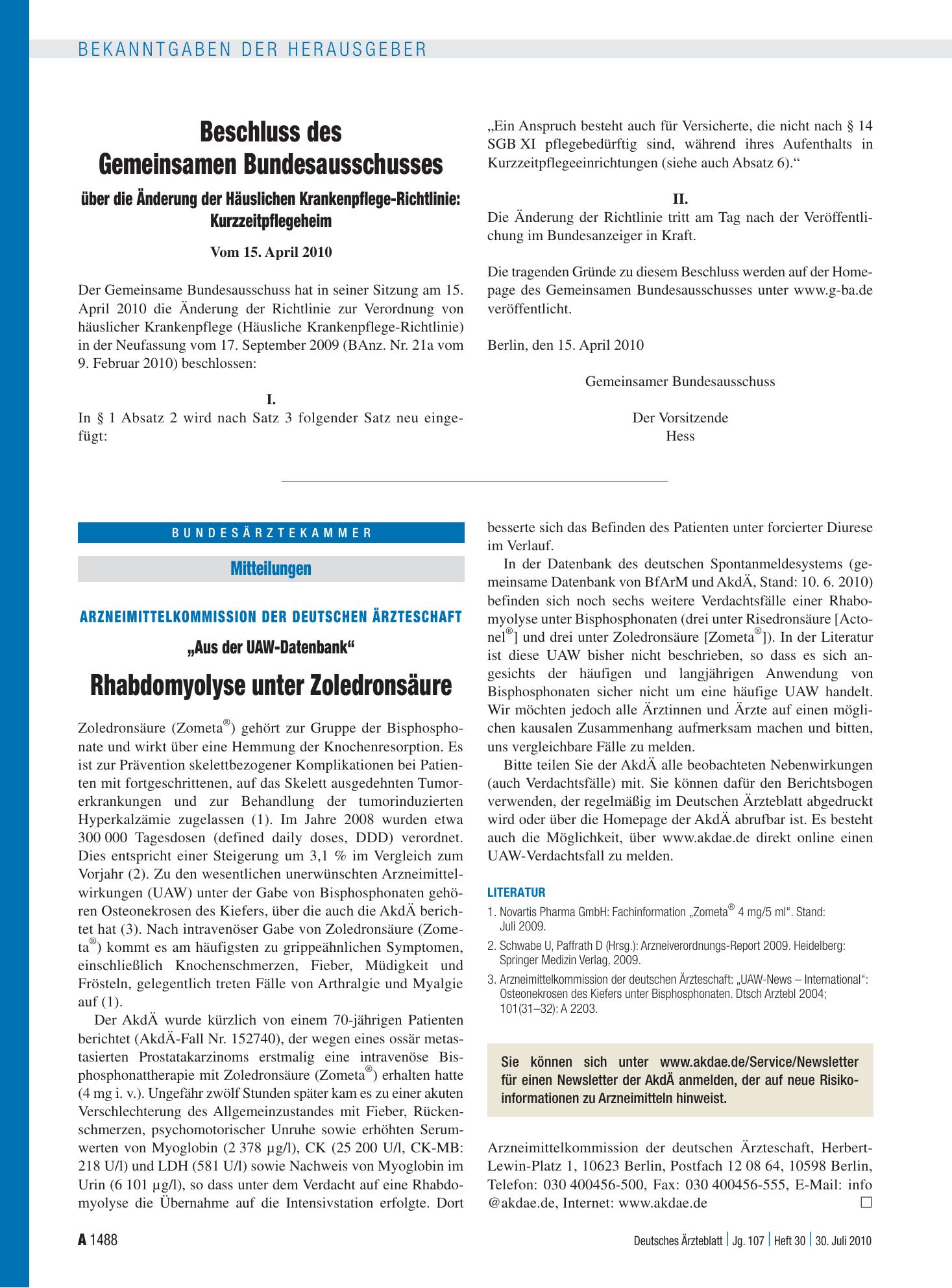Vorschauseite 1: Beschluss des Gemeinsamen Bundesausschusses über die Änderung der Häuslichen Krankenpflege-Richtlinie: Kurzzeitpflegeheim – Deutsches Ärzteblatt