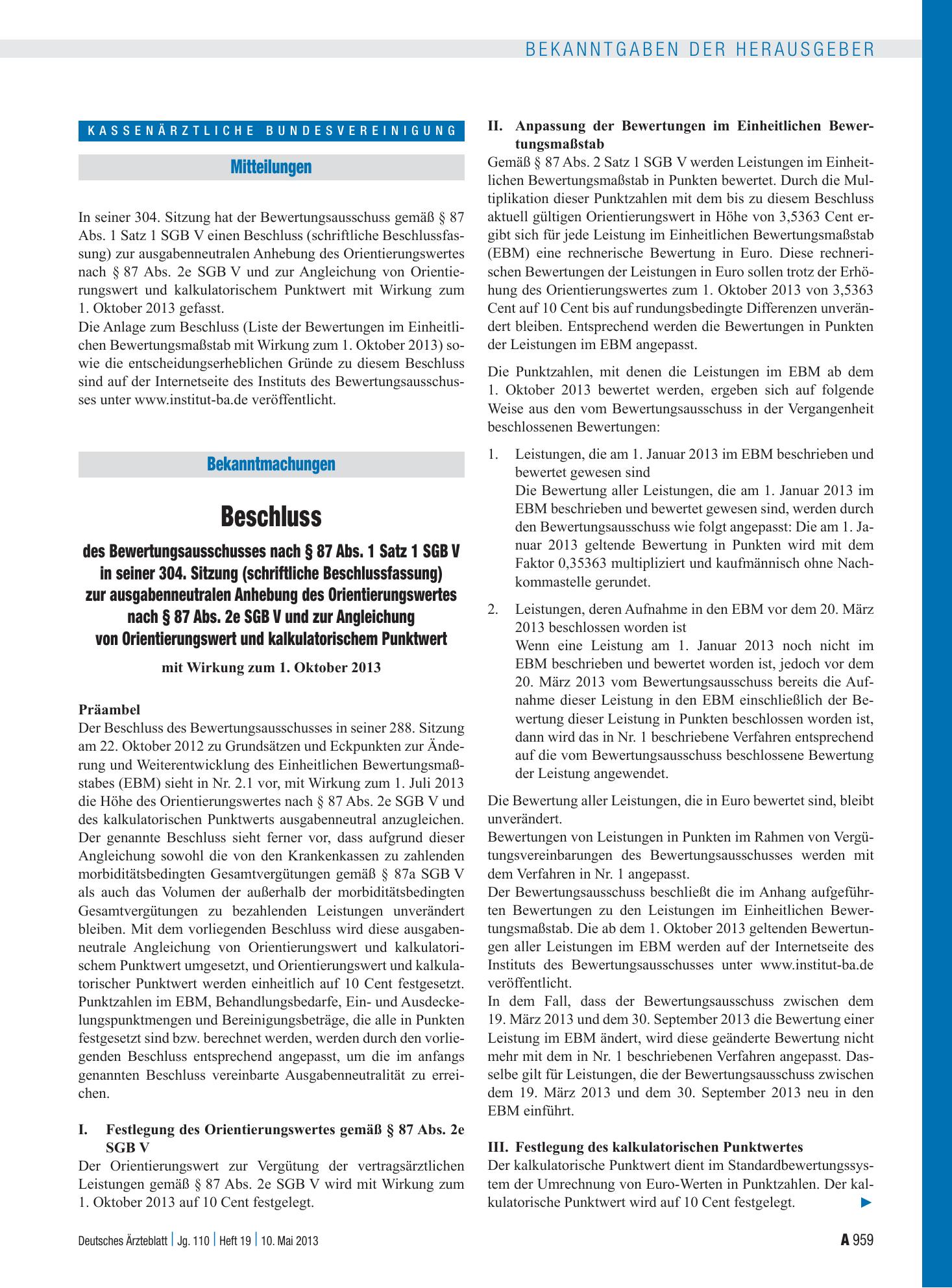 Vorschauseite 1: Beschluss des Bewertungsausschusses nach § 87 Abs. 1 Satz 1 SGB V in seiner 304. Sitzung (schriftliche Beschlussfassung) zur ausgabenneutralen Anhebung des Orientierungswertes nac…