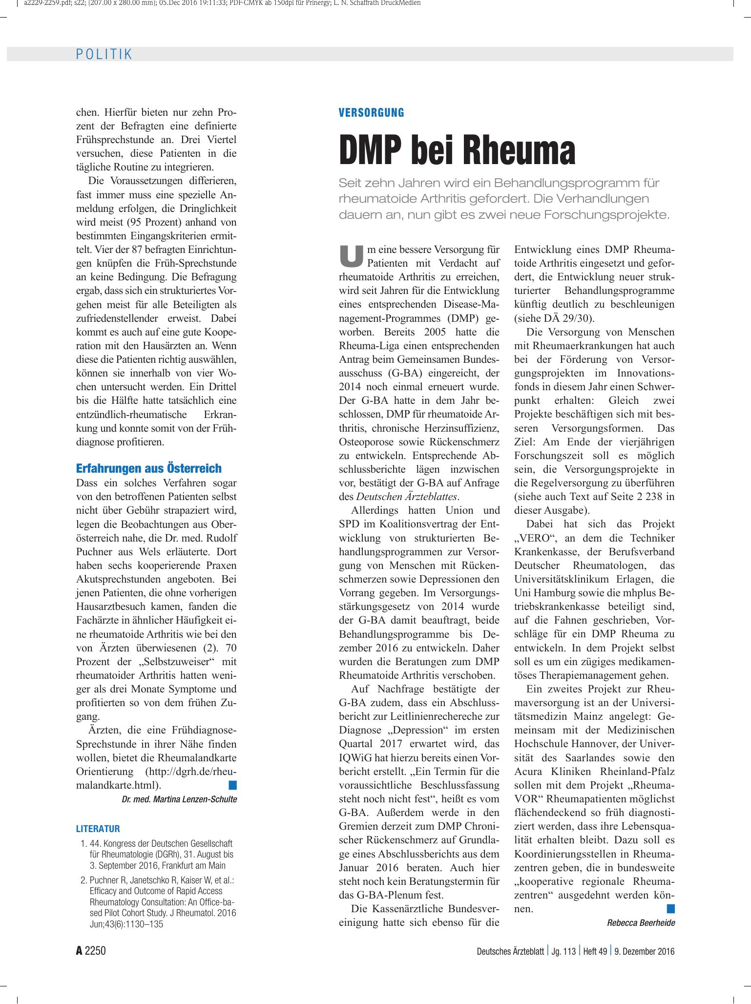 Vorschauseite 1: Versorgung: DMP bei Rheuma – Deutsches Ärzteblatt