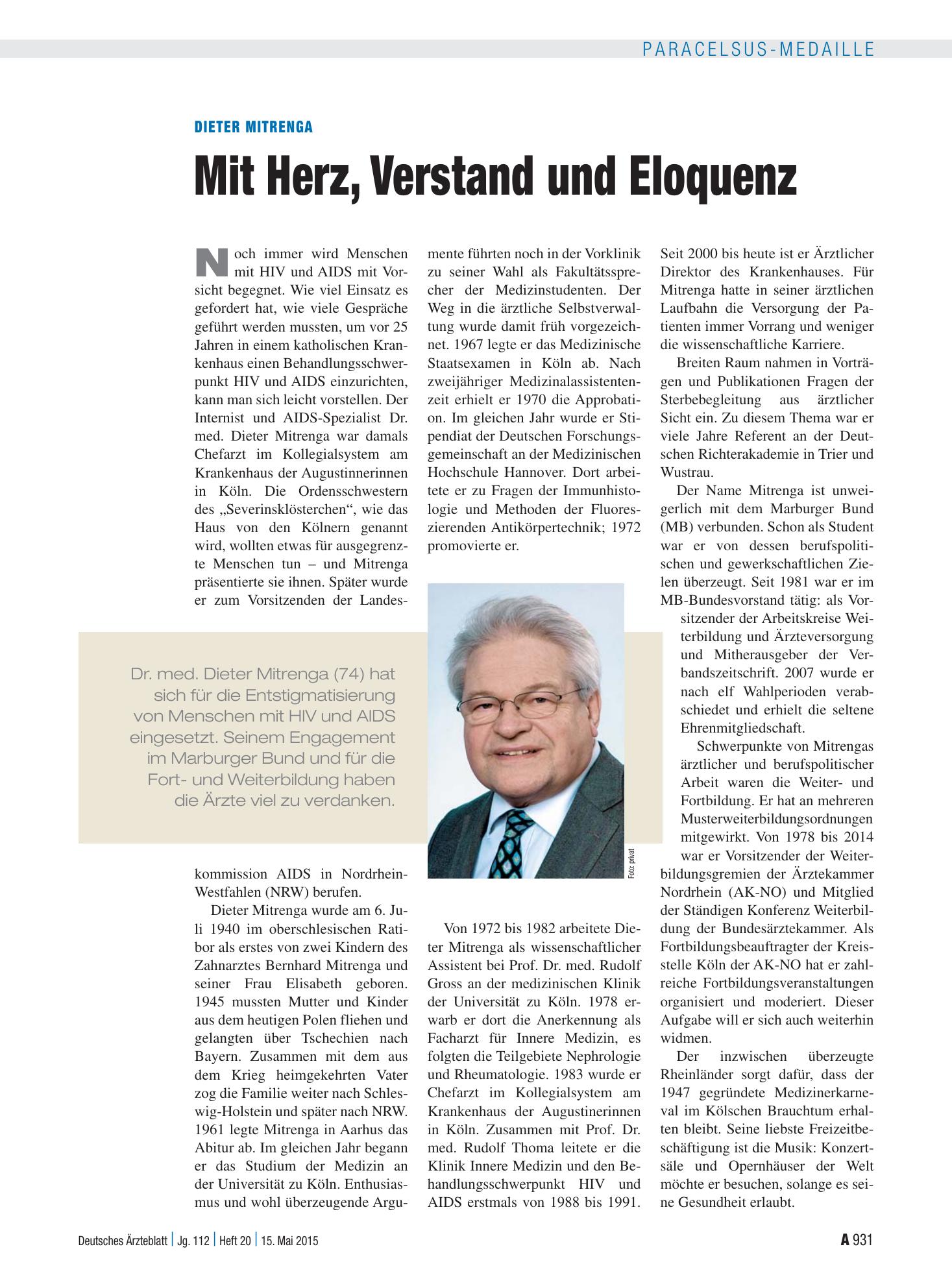 Vorschauseite 1: Dieter Mitrenga: Mit Herz, Verstand und Eloquenz – Deutsches Ärzteblatt