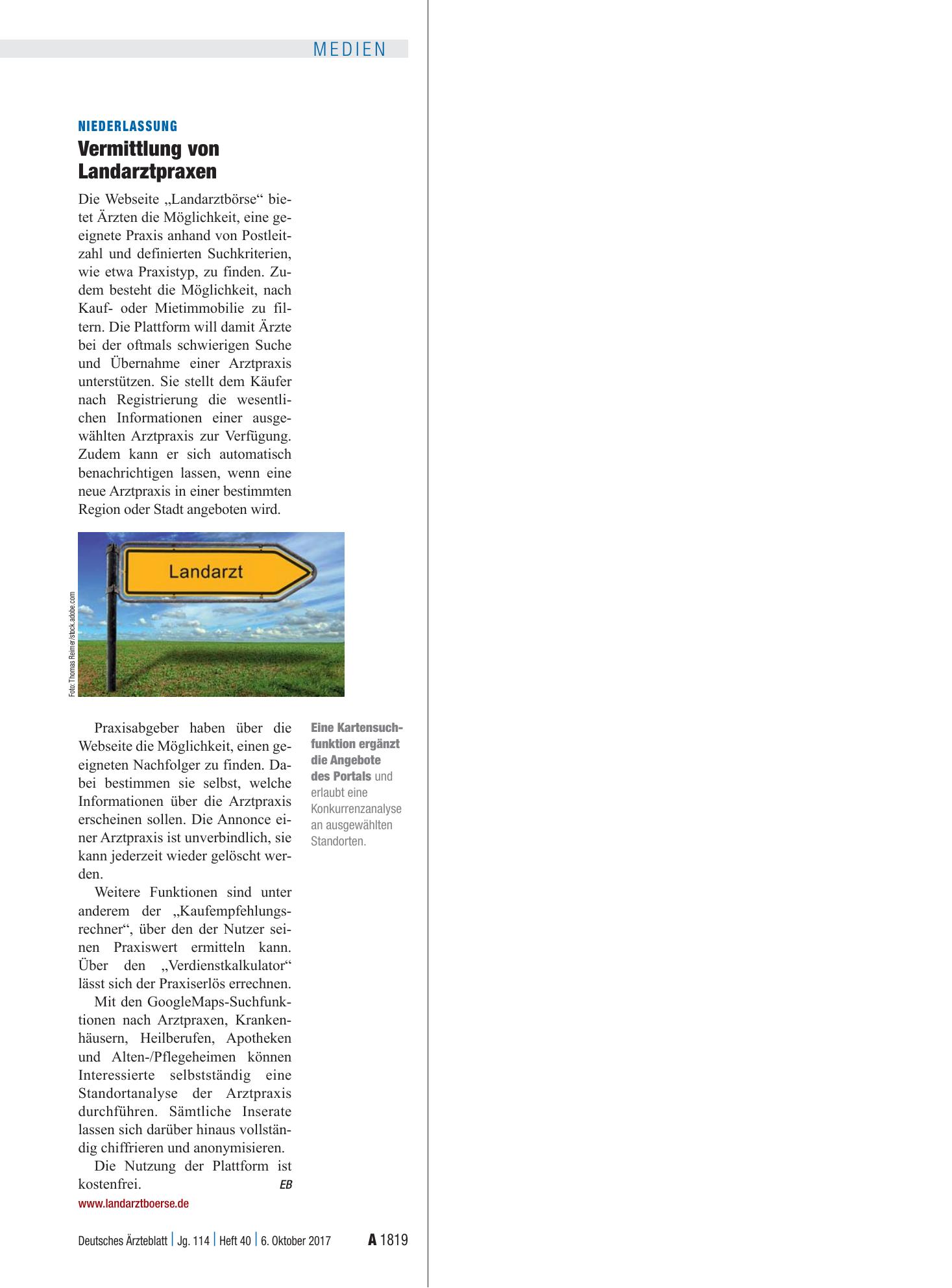 Vorschauseite 1: Niederlassung: Vermittlung von Landarztpraxen – Deutsches Ärzteblatt
