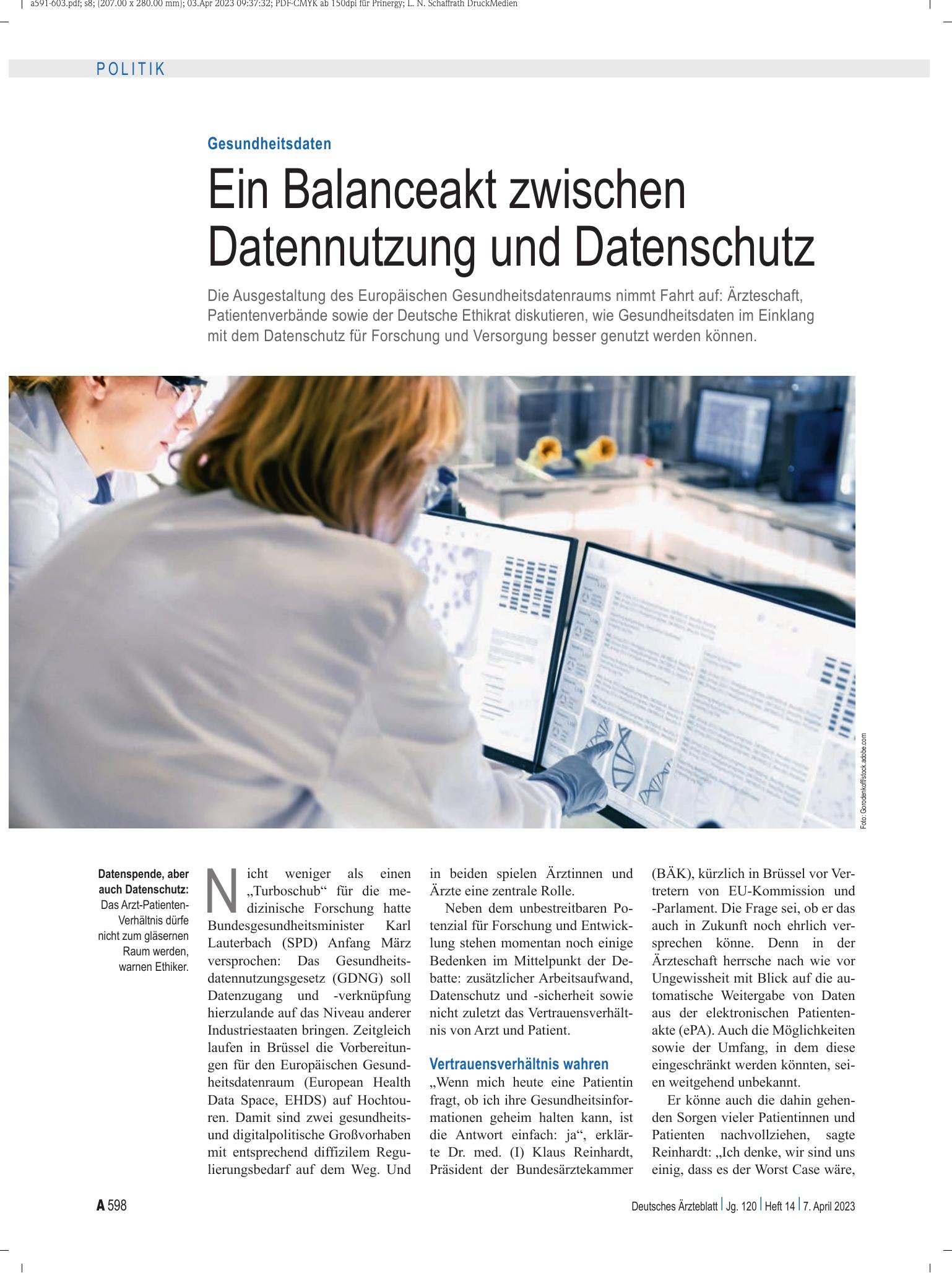 Vorschauseite 1: Gesundheitsdaten: Ein Balanceakt zwischen Datennutzung und Datenschutz – Deutsches Ärzteblatt