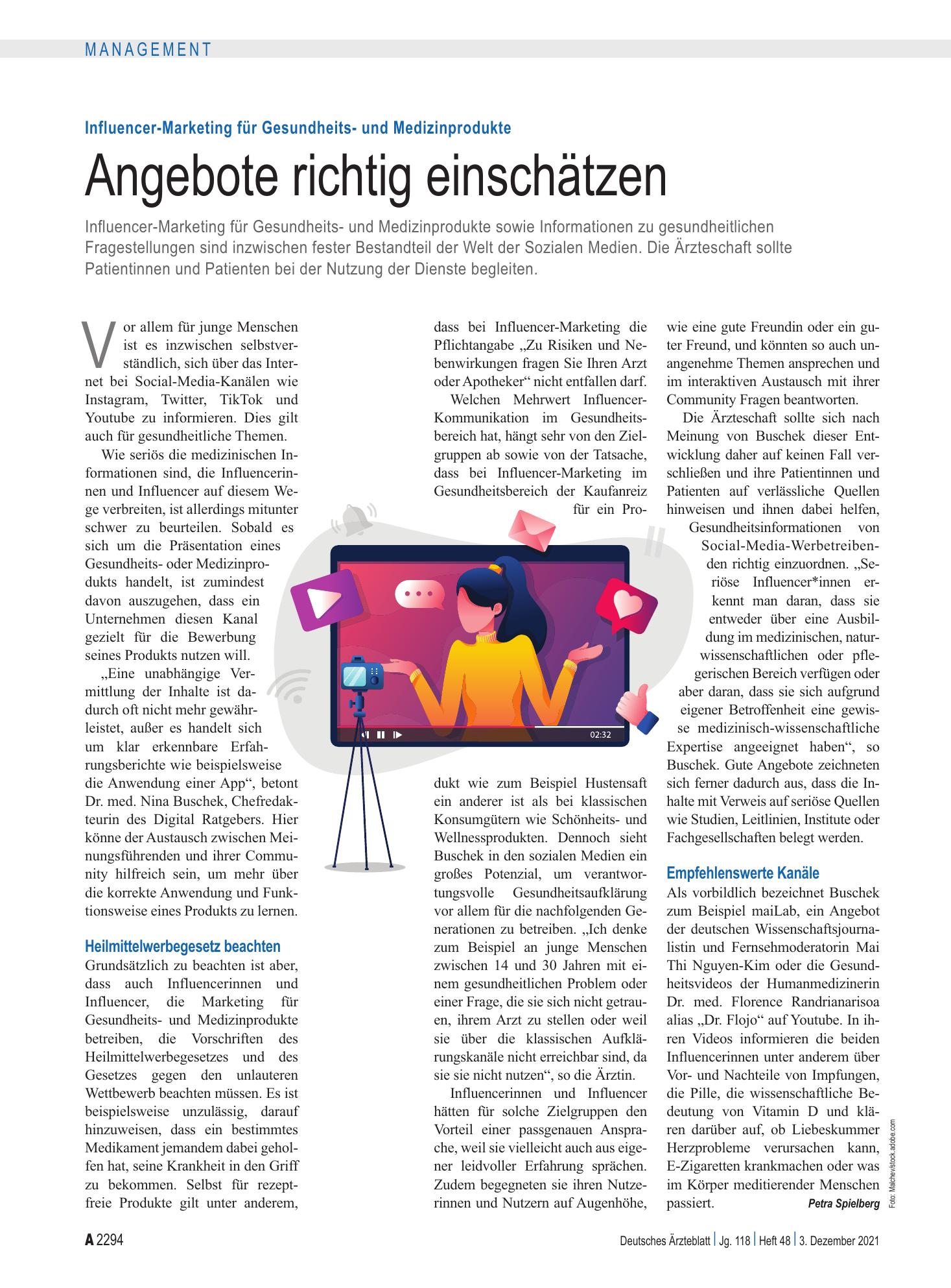 Vorschauseite 1: Influencer-Marketing für Gesundheits- und Medizinprodukte: Angebote richtig einschätzen – Deutsches Ärzteblatt