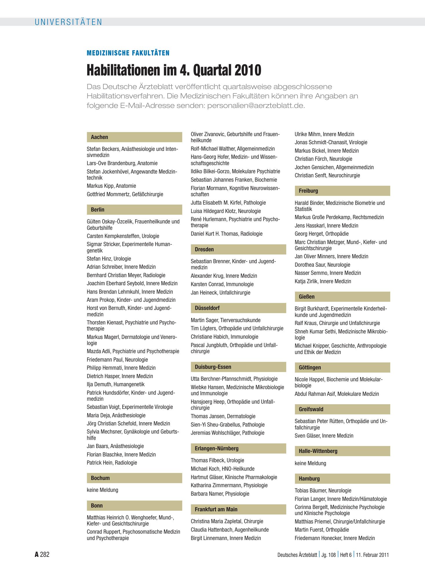 Vorschauseite 1: Medizinische Fakultäten: Habilitationen im 4. Quartal 2010 – Deutsches Ärzteblatt
