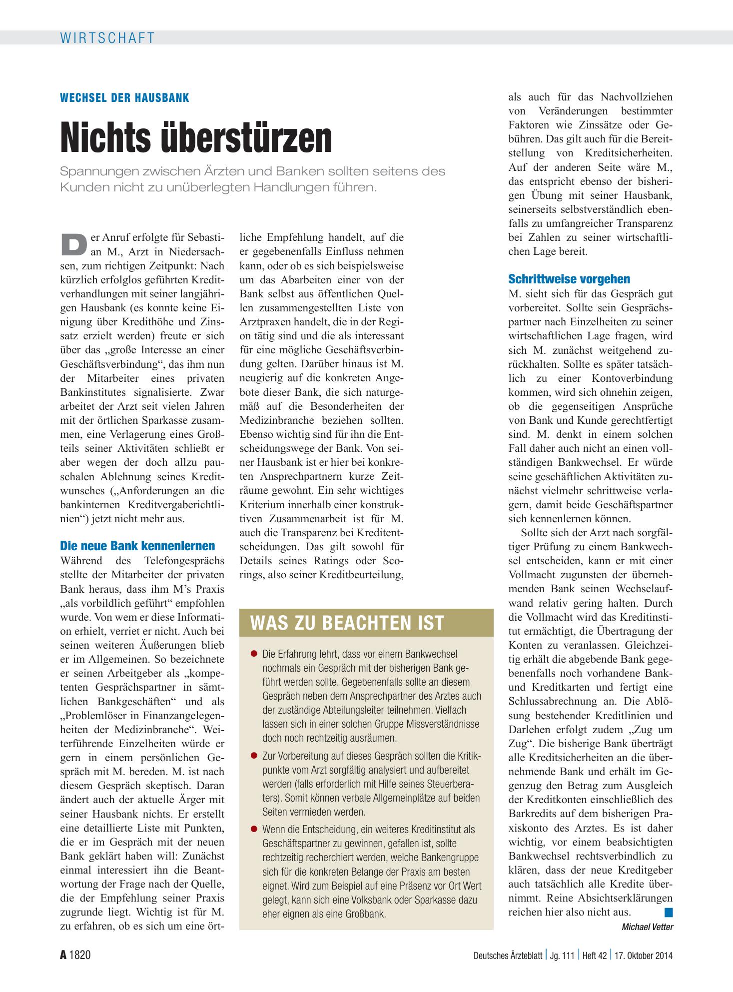 Vorschauseite 1: Wechsel der Hausbank: Nichts überstürzen – Deutsches Ärzteblatt