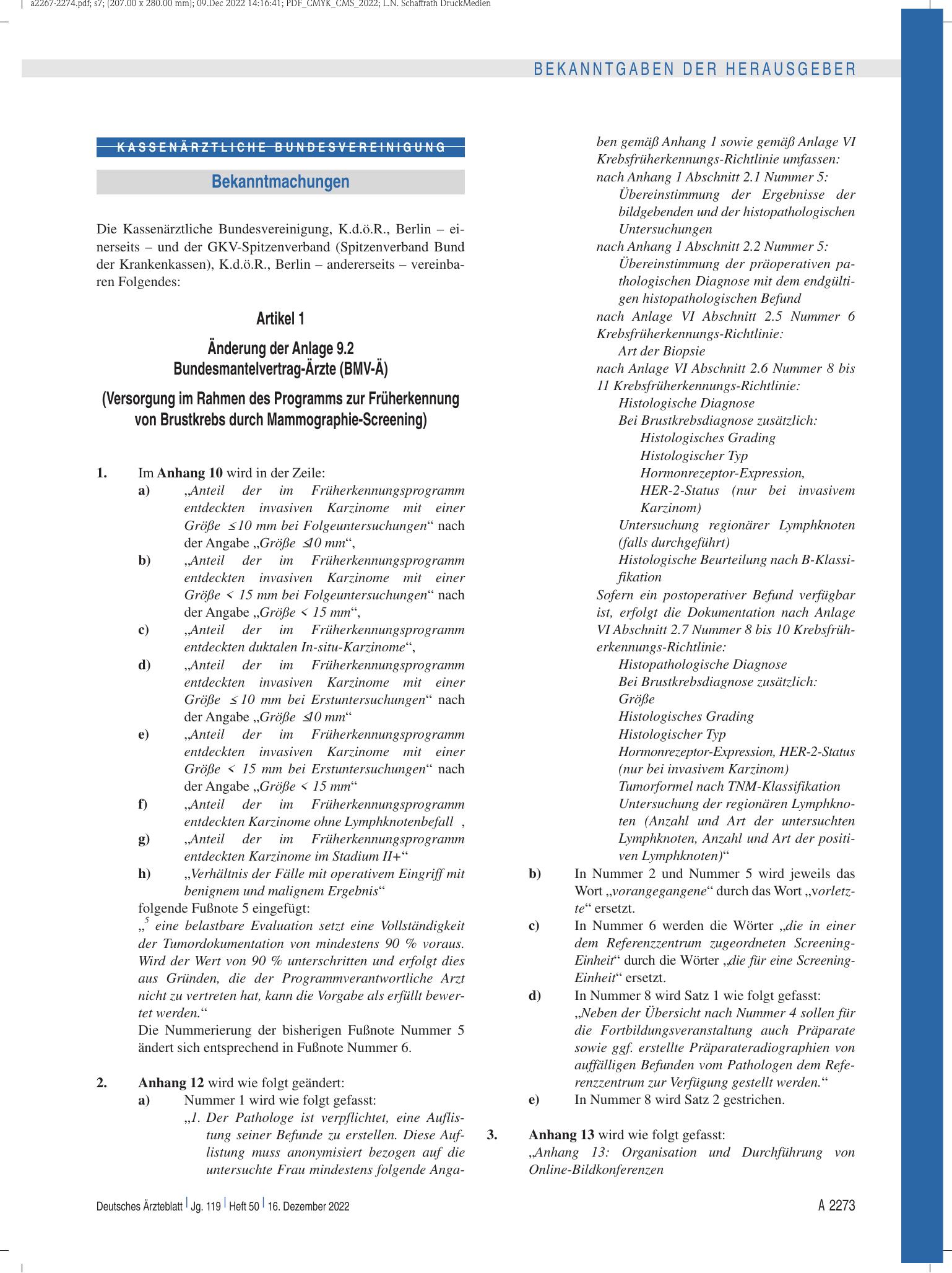 Vorschauseite 1: Änderung der Anlage 9.2 Bundesmantelvertrag-Ärzte (BMV-Ä) (Versorgung im Rahmen des Programms zur Früherkennung von Brustkrebs durch Mammographie-Screening) – Deutsches Ärzteblatt