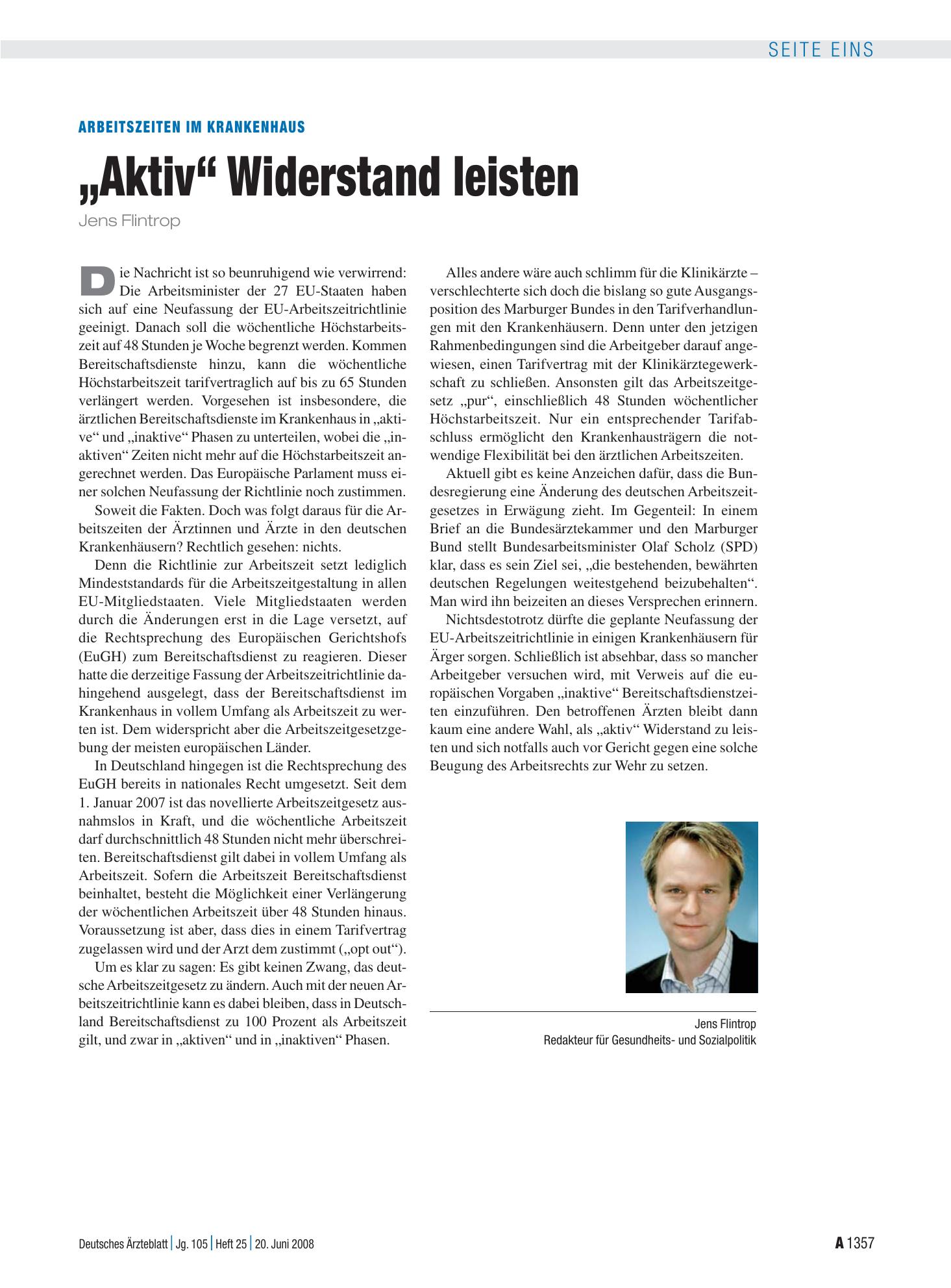 Vorschauseite 1: Arbeitszeiten im Krankenhaus: „Aktiv“ Widerstand leisten – Deutsches Ärzteblatt