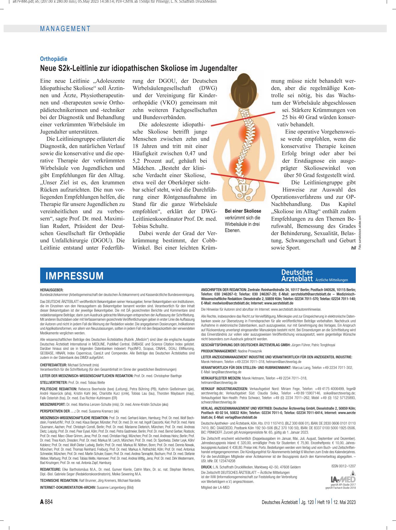Vorschauseite 1: Orthopädie: Neue S2k-Leitlinie zur idiopathischen Skoliose im Jugendalter – Deutsches Ärzteblatt