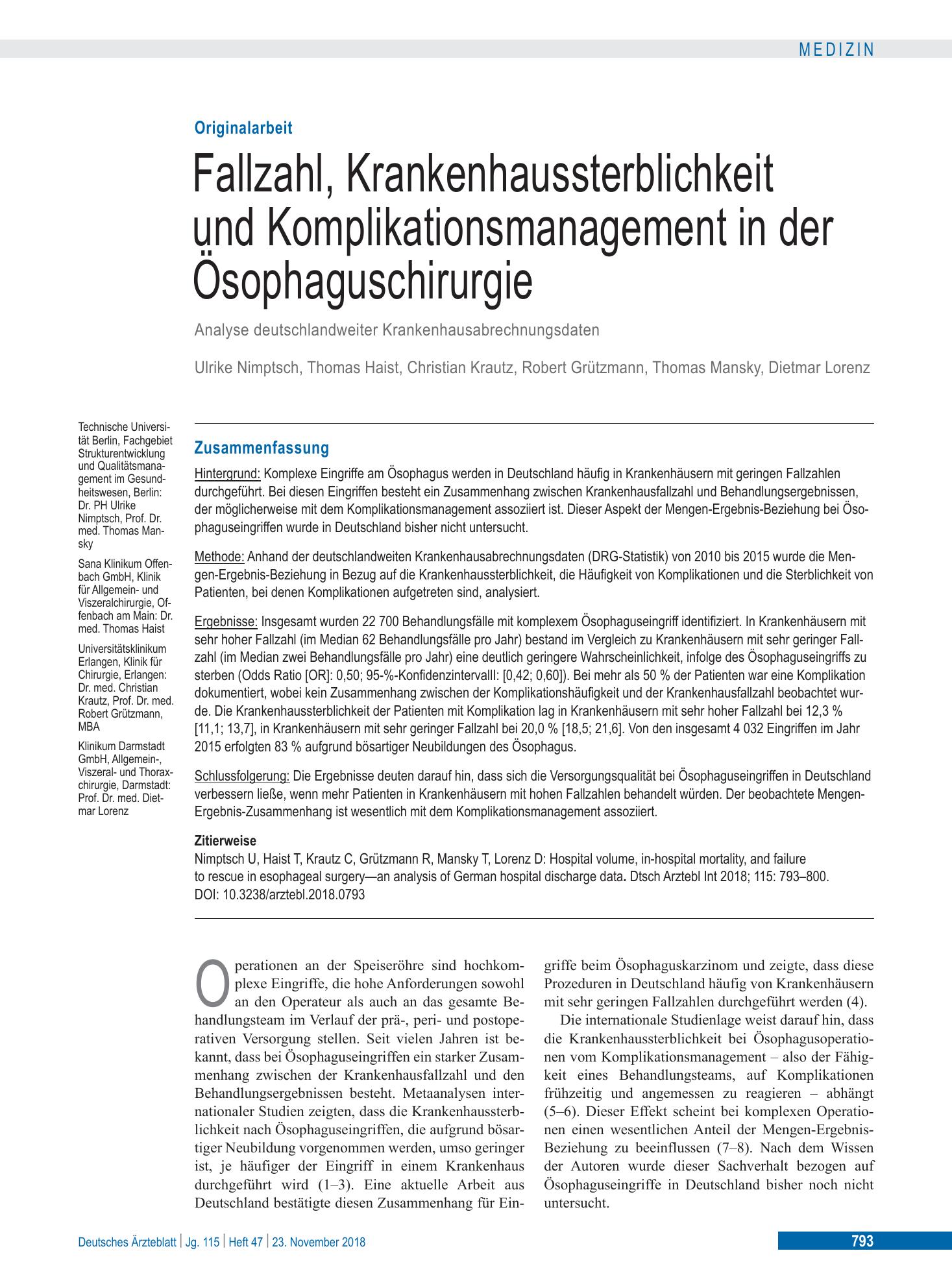 Vorschauseite 1: Fallzahl, Krankenhaussterblichkeit und Komplikationsmanagement in der Ösophaguschirurgie – Deutsches Ärzteblatt