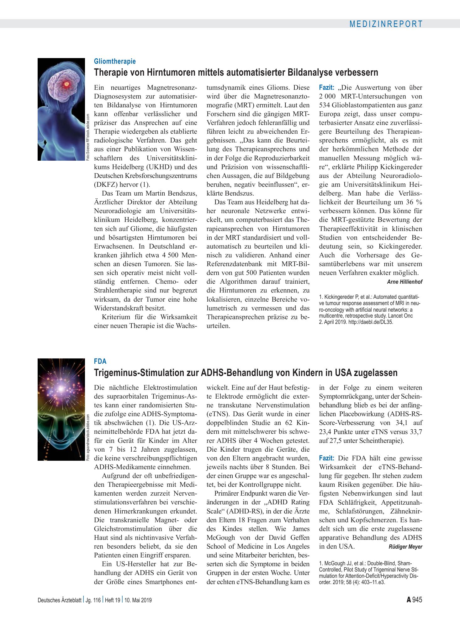 Vorschauseite 1: FDA: Trigeminus-Stimulation zur ADHS-Behandlung von Kindern in USA zugelassen – Deutsches Ärzteblatt